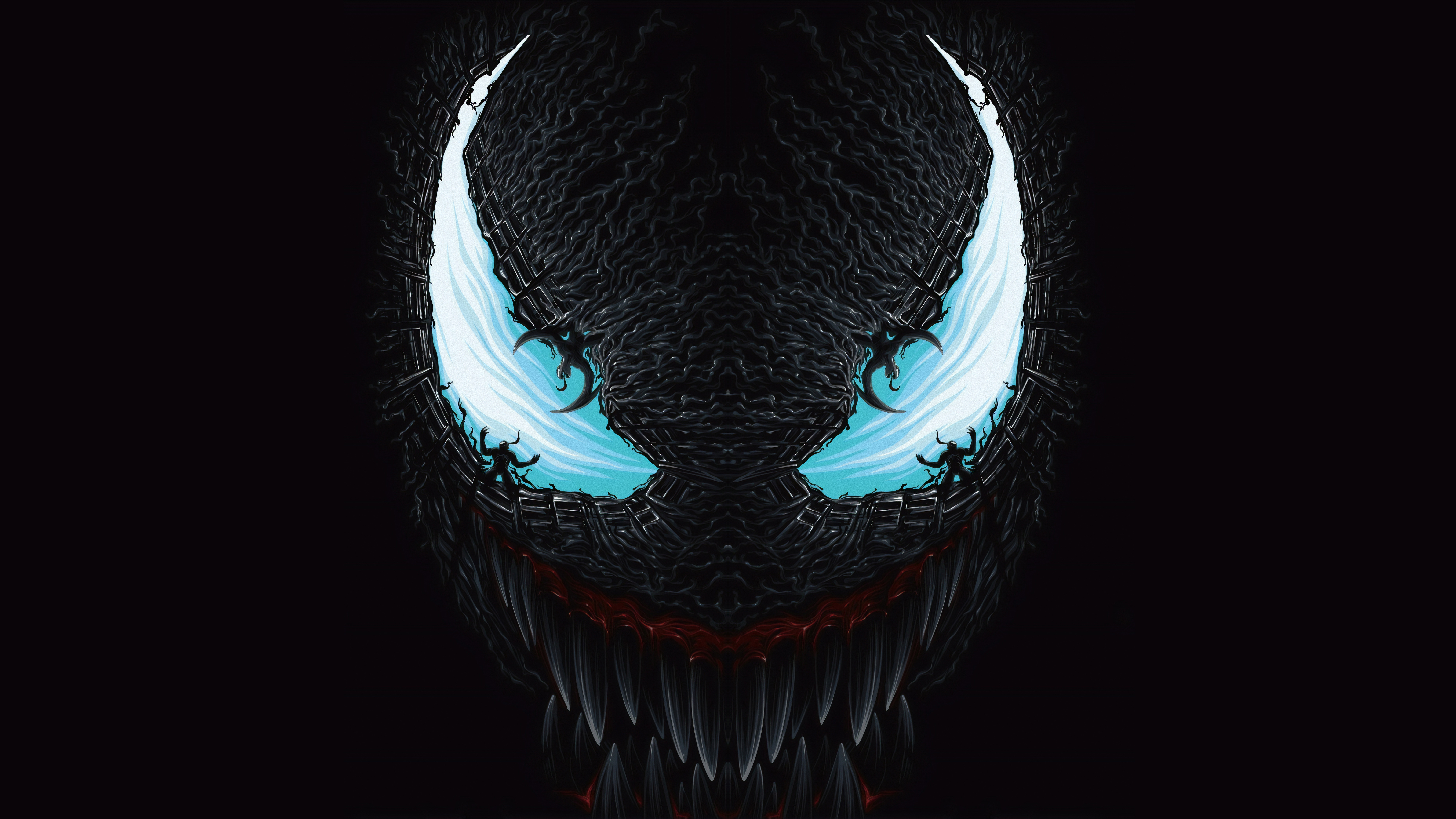 A menacing close-up of Venom's face, featuring sharp teeth, glowing eyes, and a textured symbiote suit