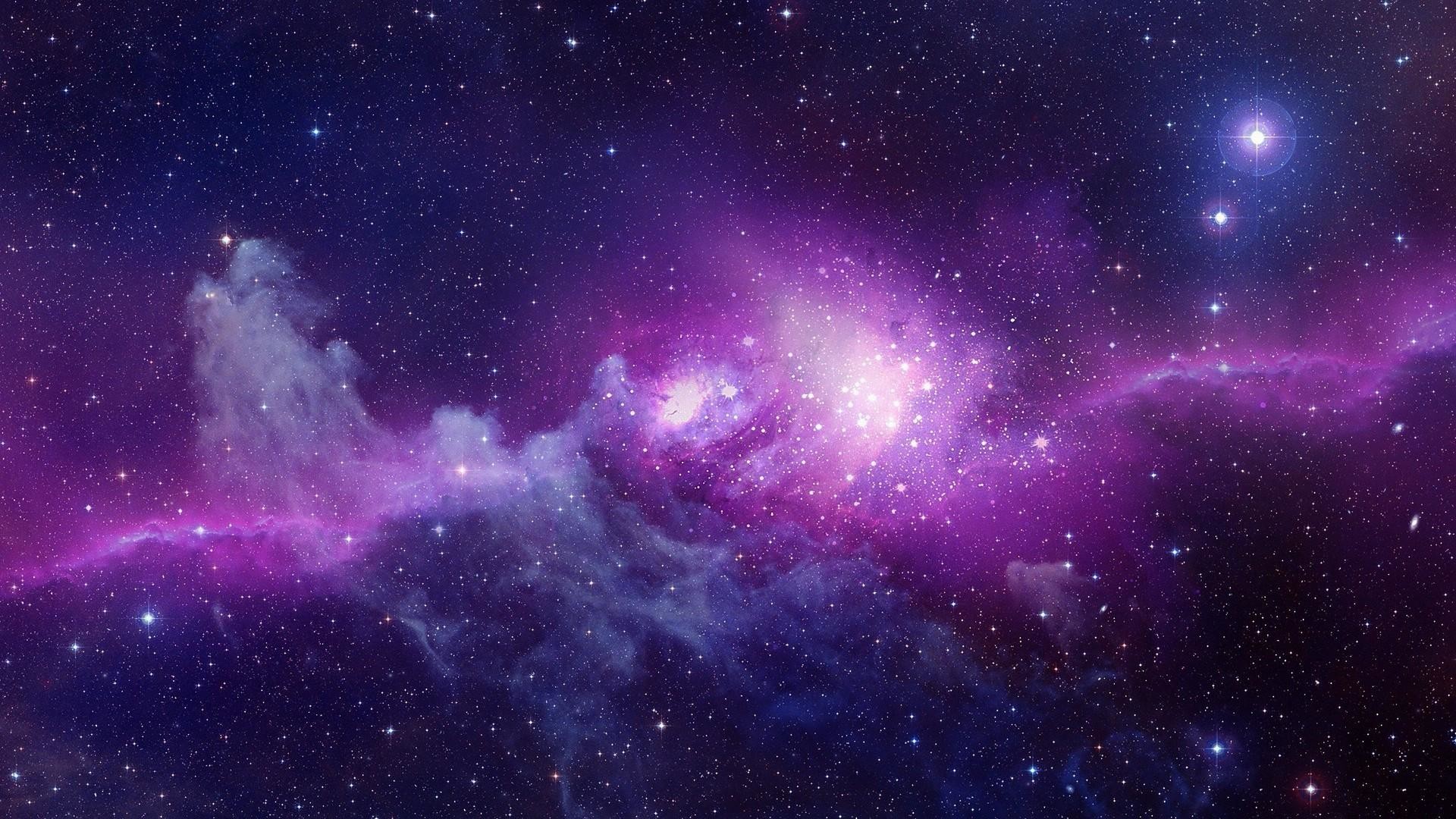 A breathtaking panoramic view of a vibrant galaxy, filled with swirling purple and blue nebulae, sparkling stars, and distant cosmic dust