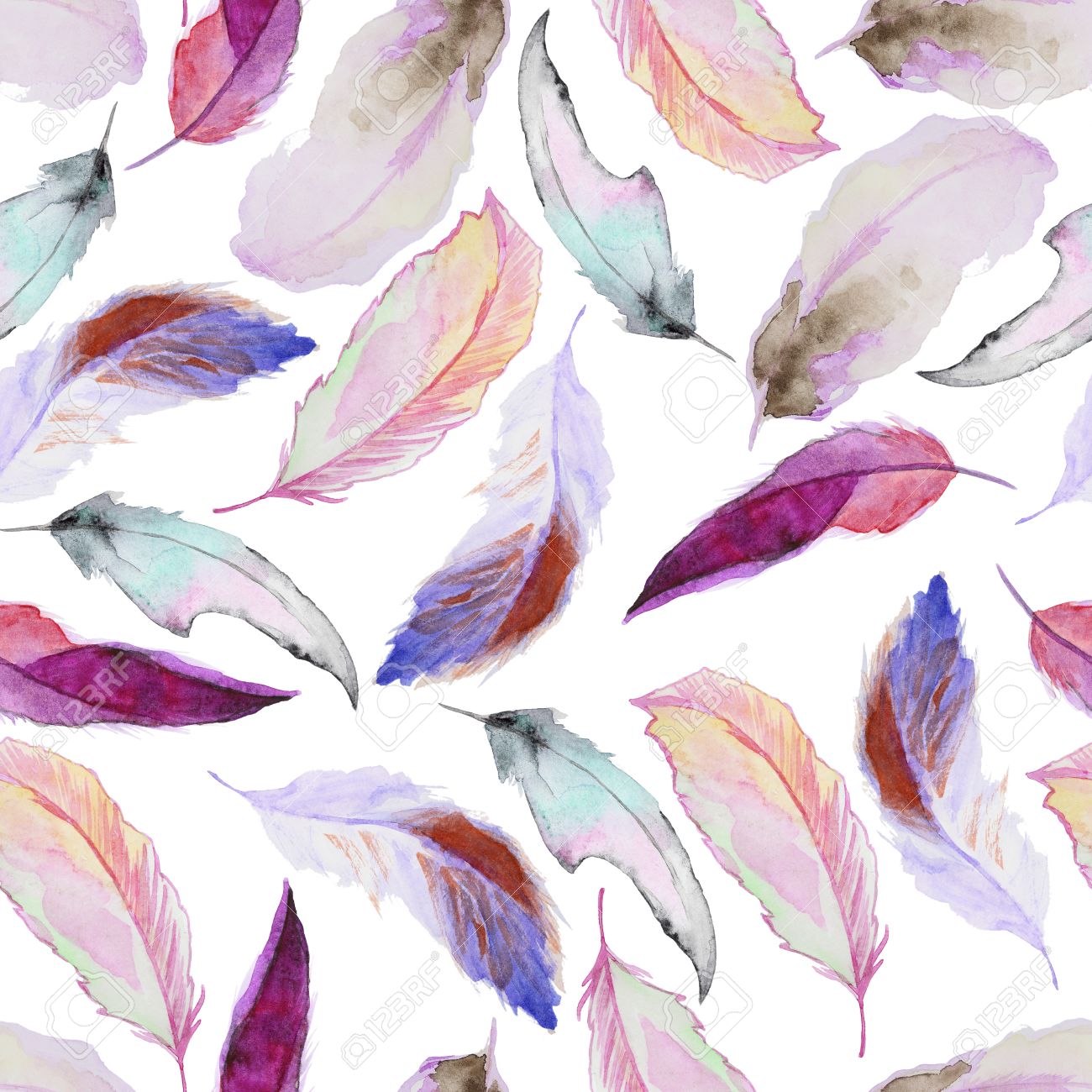Seamless Watercolor Pattern With Feathers Vintage