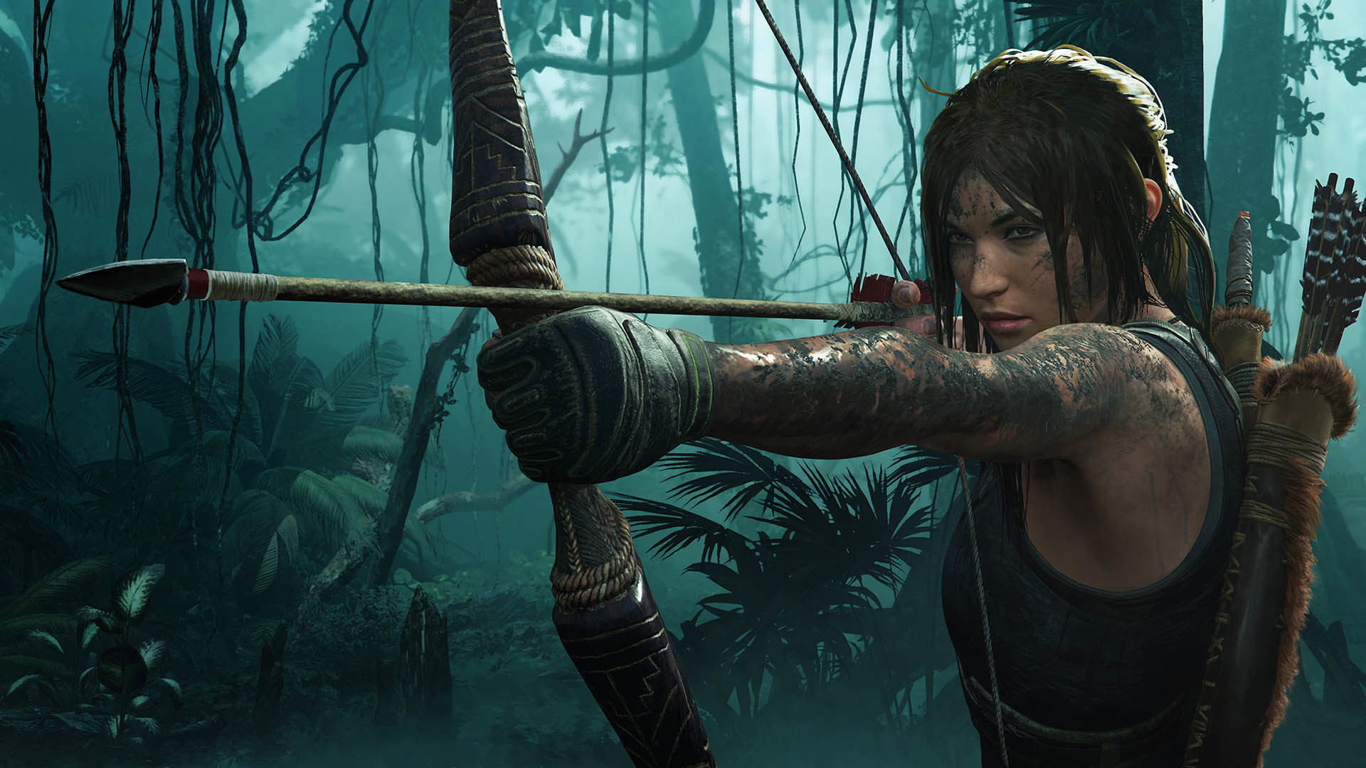 Lara Croft aiming her bow and arrow in a jungle setting, from the video game 'Shadow of the Tomb Raider'