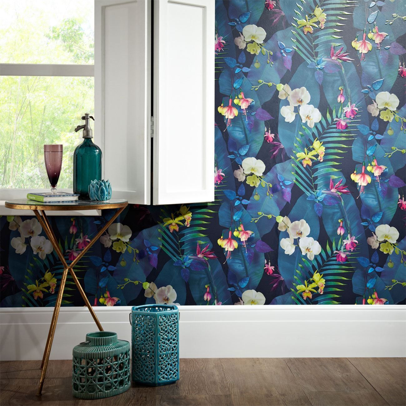 Navy Floral Wallpaper In Bedroom