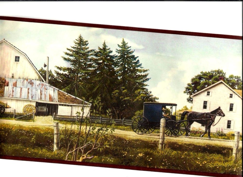 Amish Farm With Buggy Windmill Barn House Wallpaper Border Hah15153