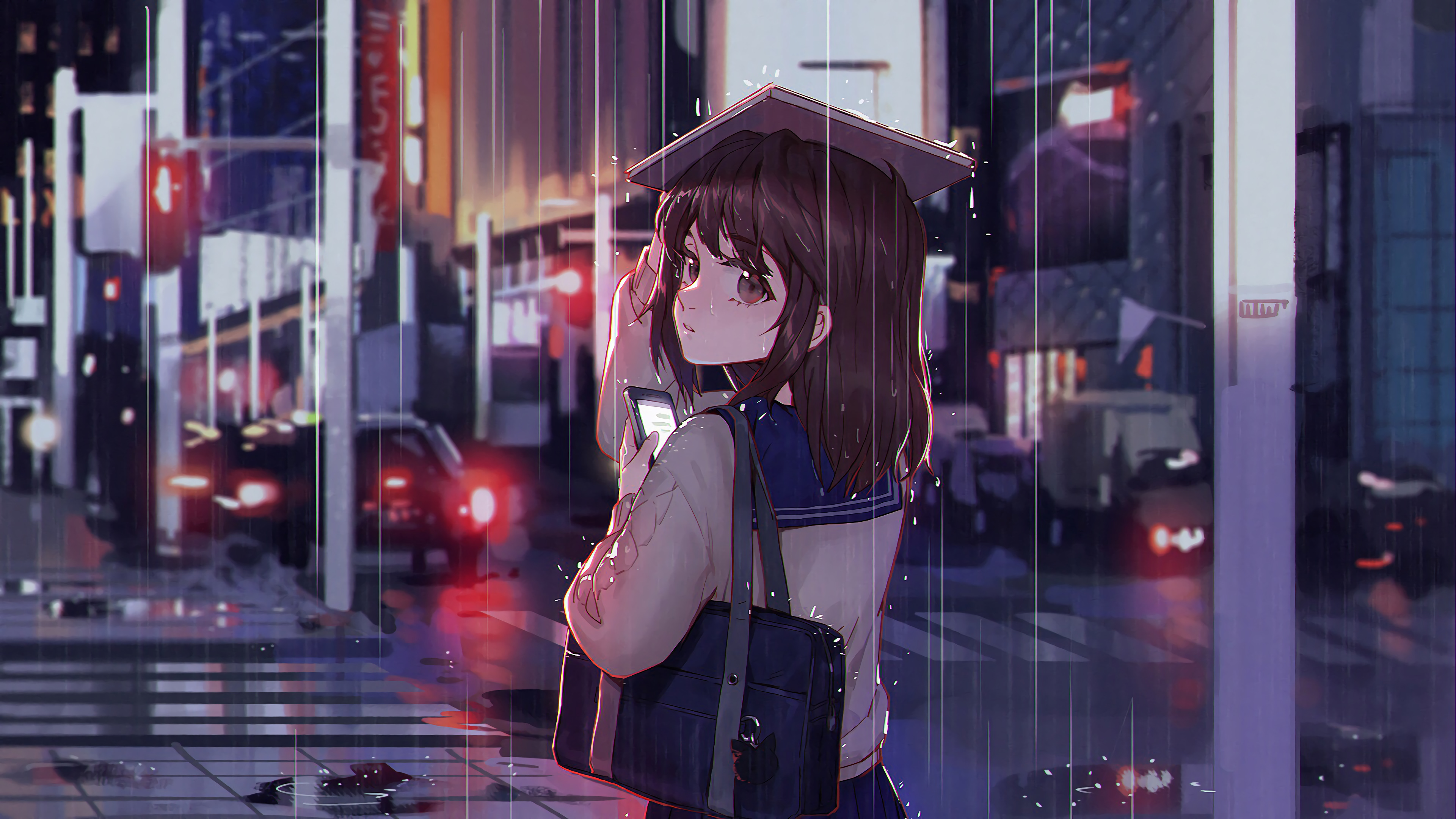 Anime School Girl Raining 4k Wallpaper