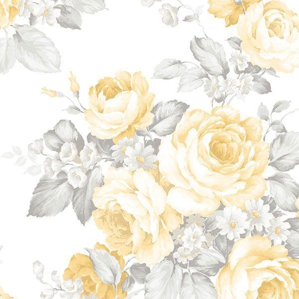Soft Yellow And Gray Roses On White Wallpaper Double Roll Bolts