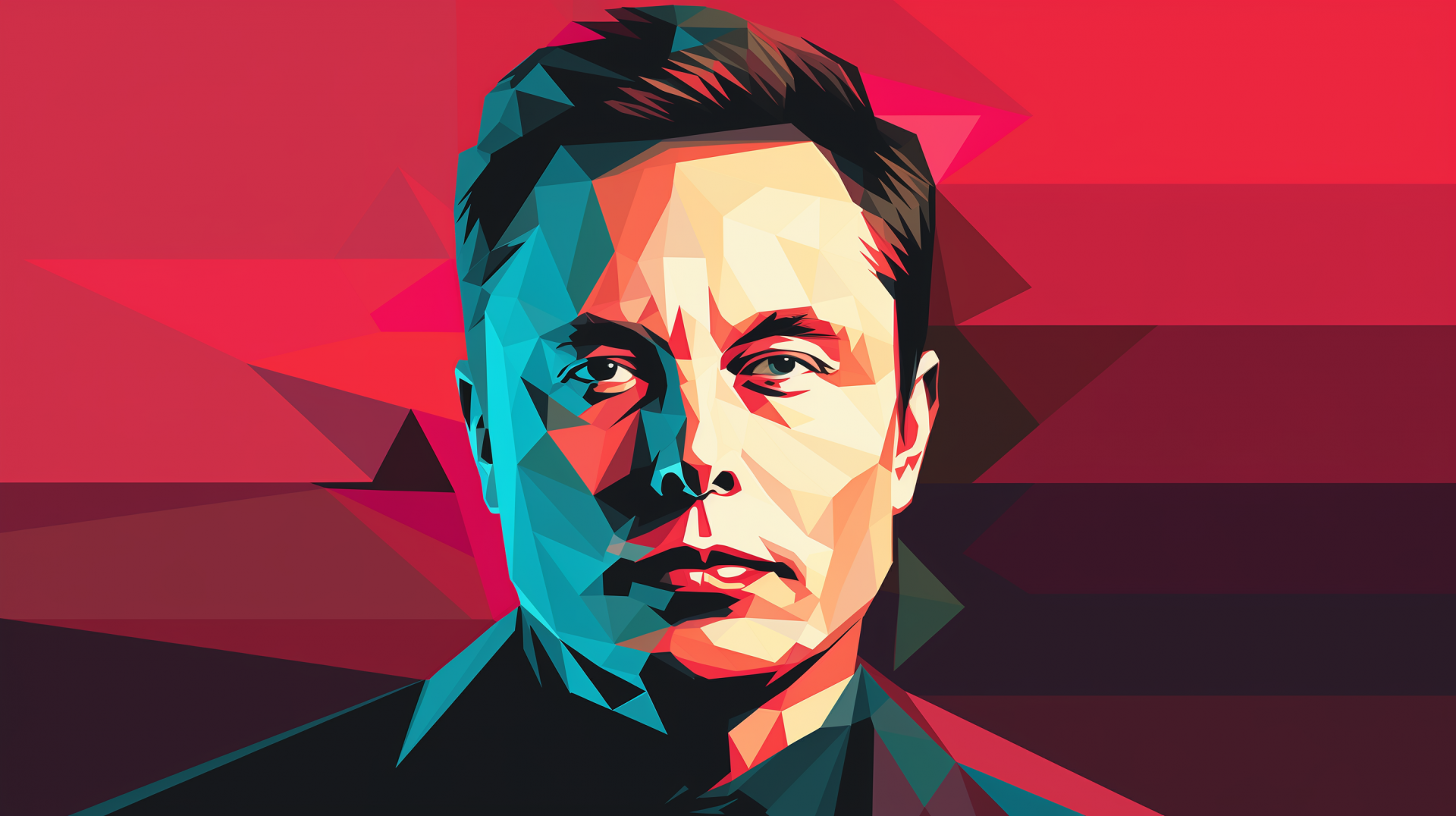 A stylized low-poly portrait of Elon Musk against a vibrant red and dark background