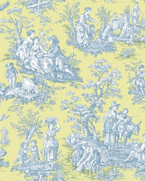 Blue And Yellow Country Life Toile Wallpaper Totalwallcovering