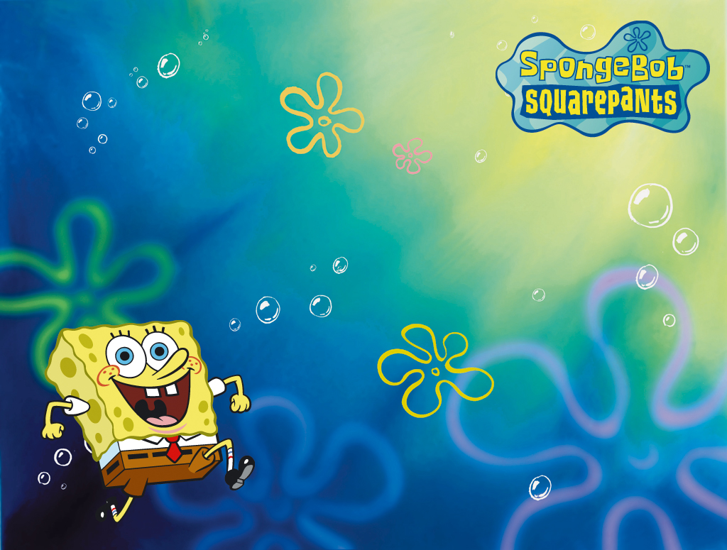 Spongebob Squarepants running underwater with bubbles and flowers in the background