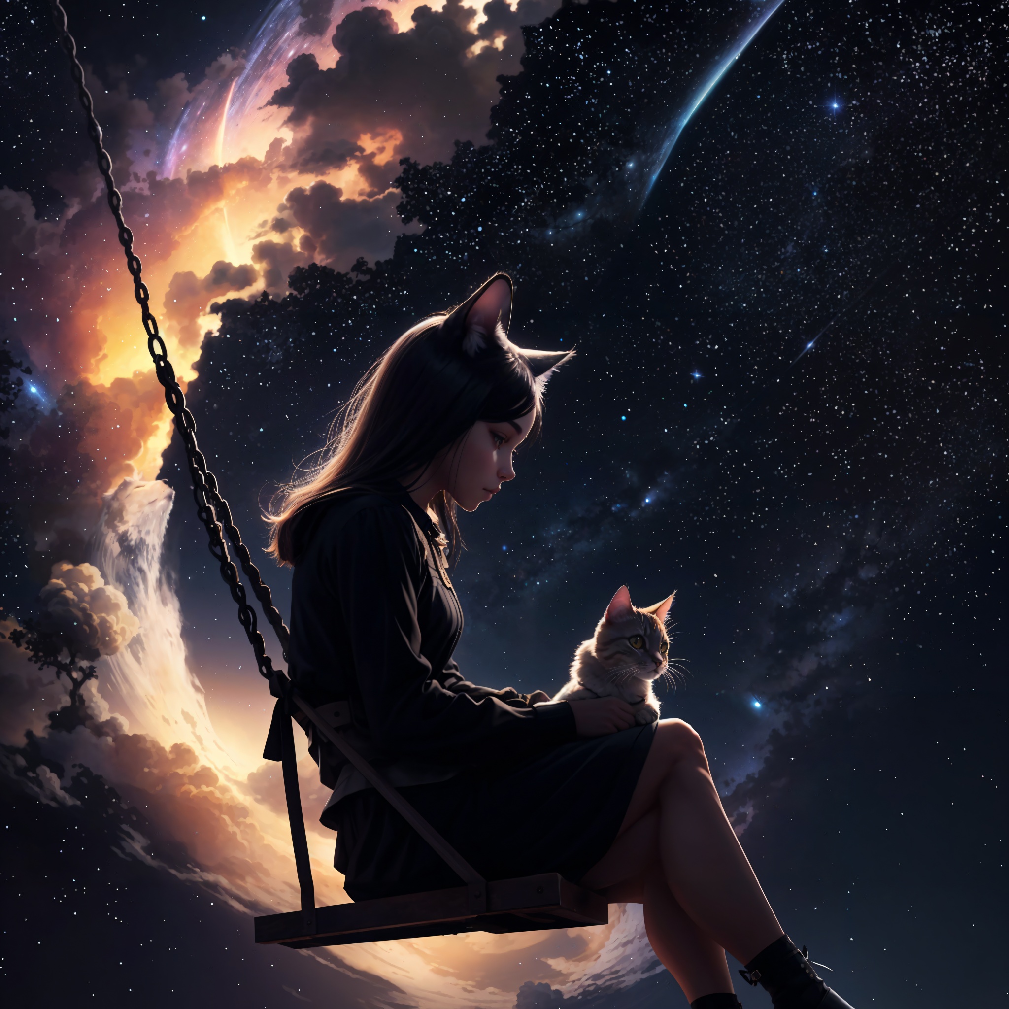 Cute Girl Wallpaper 4k Kitten Dream Surreal Night Sky