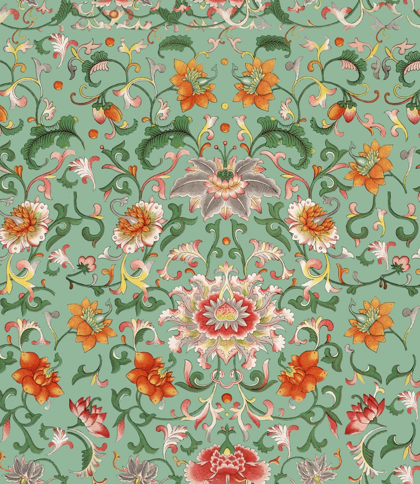 Chinese Floral Wallpaper In Green And Orange From The Eclectic