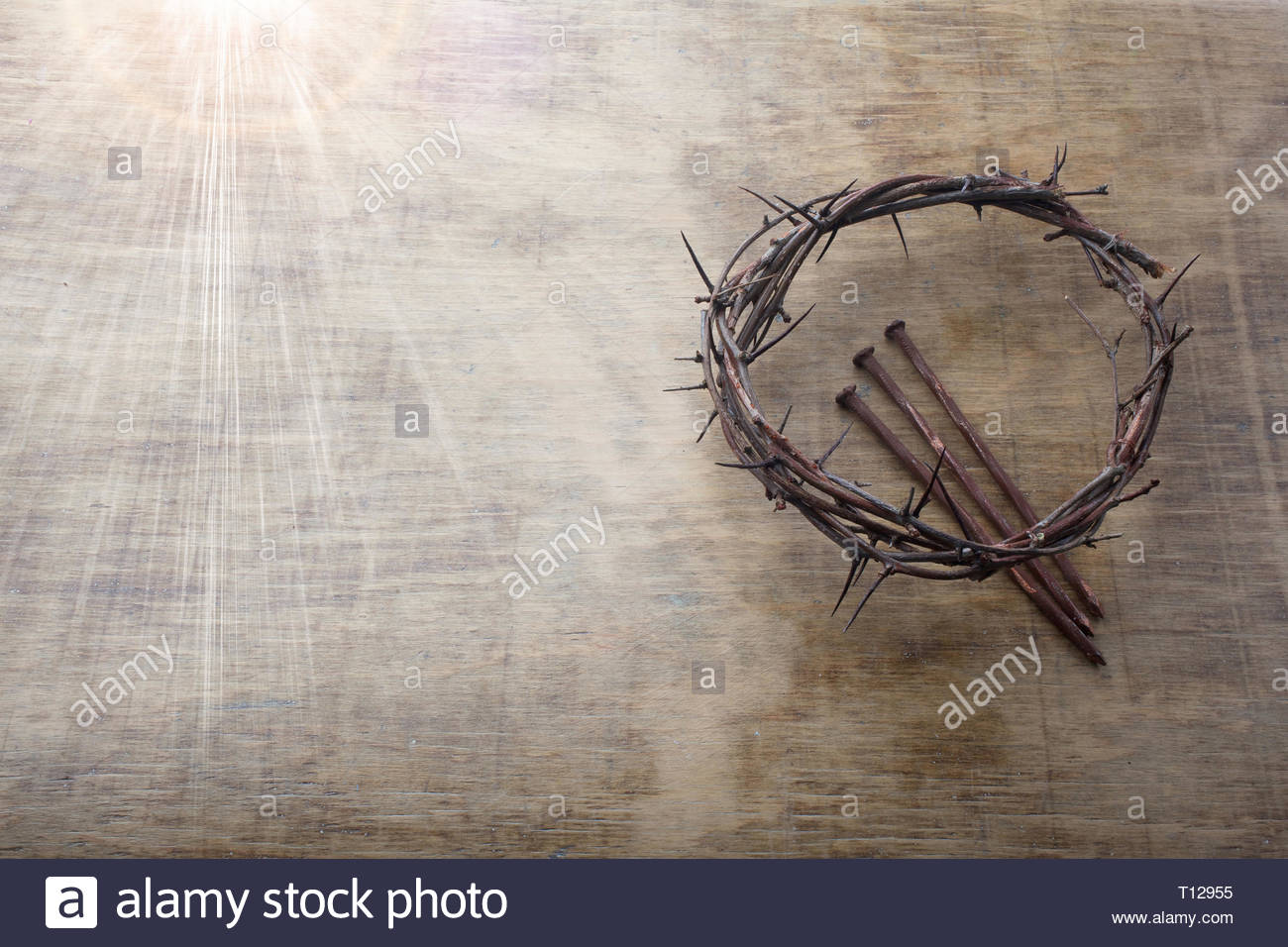 Jesus Crown Thorns And Nails On Old Grunge Wood Background