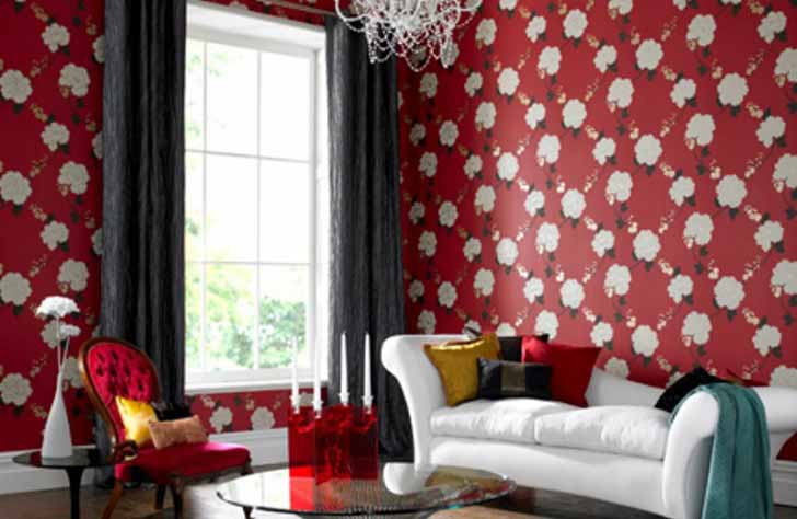 Contoh Wallpaper Dinding Minimalis Red Living Room Design