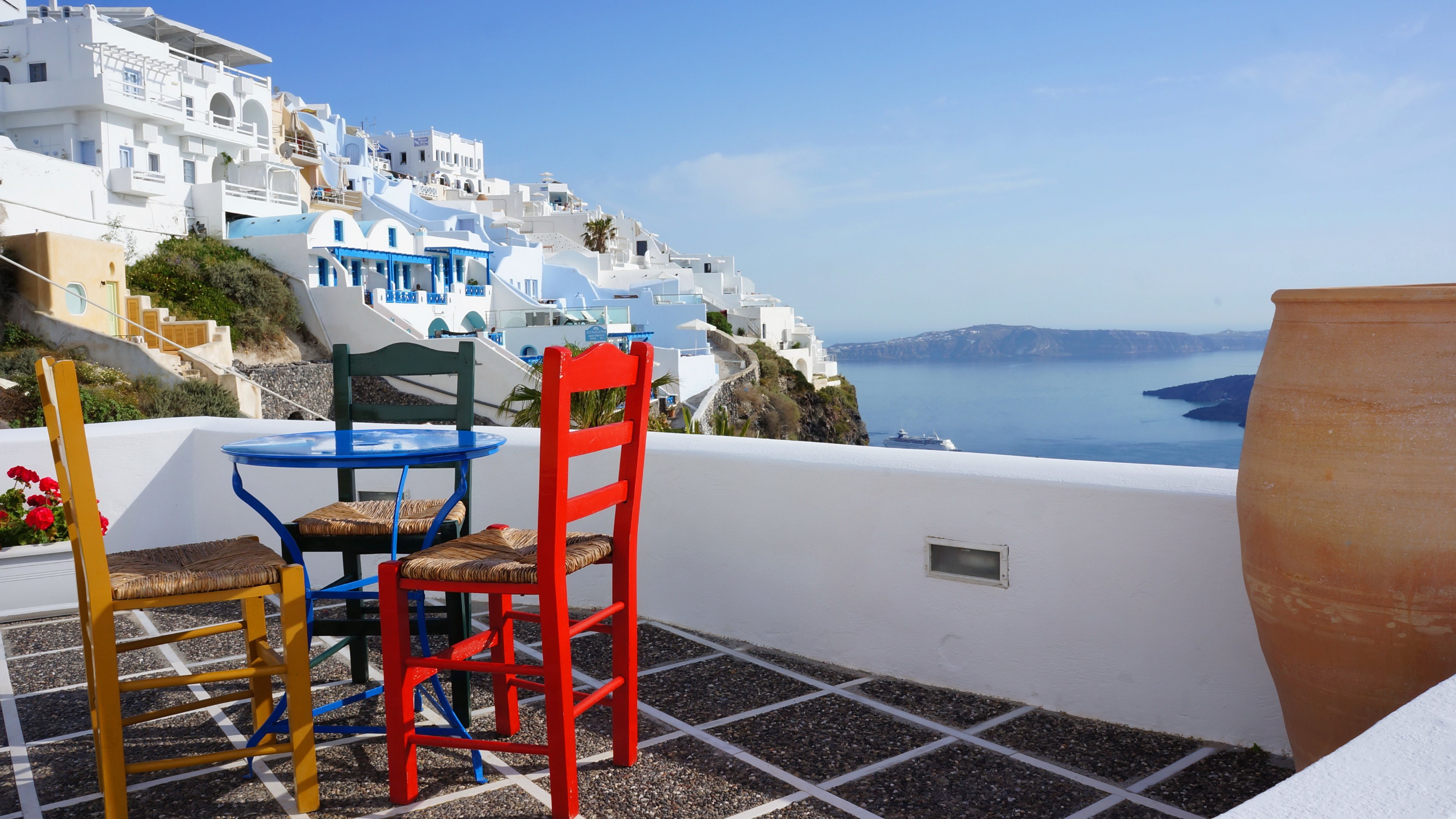 From Santorini Porch 4k Ultra HD Wallpaper Background Image