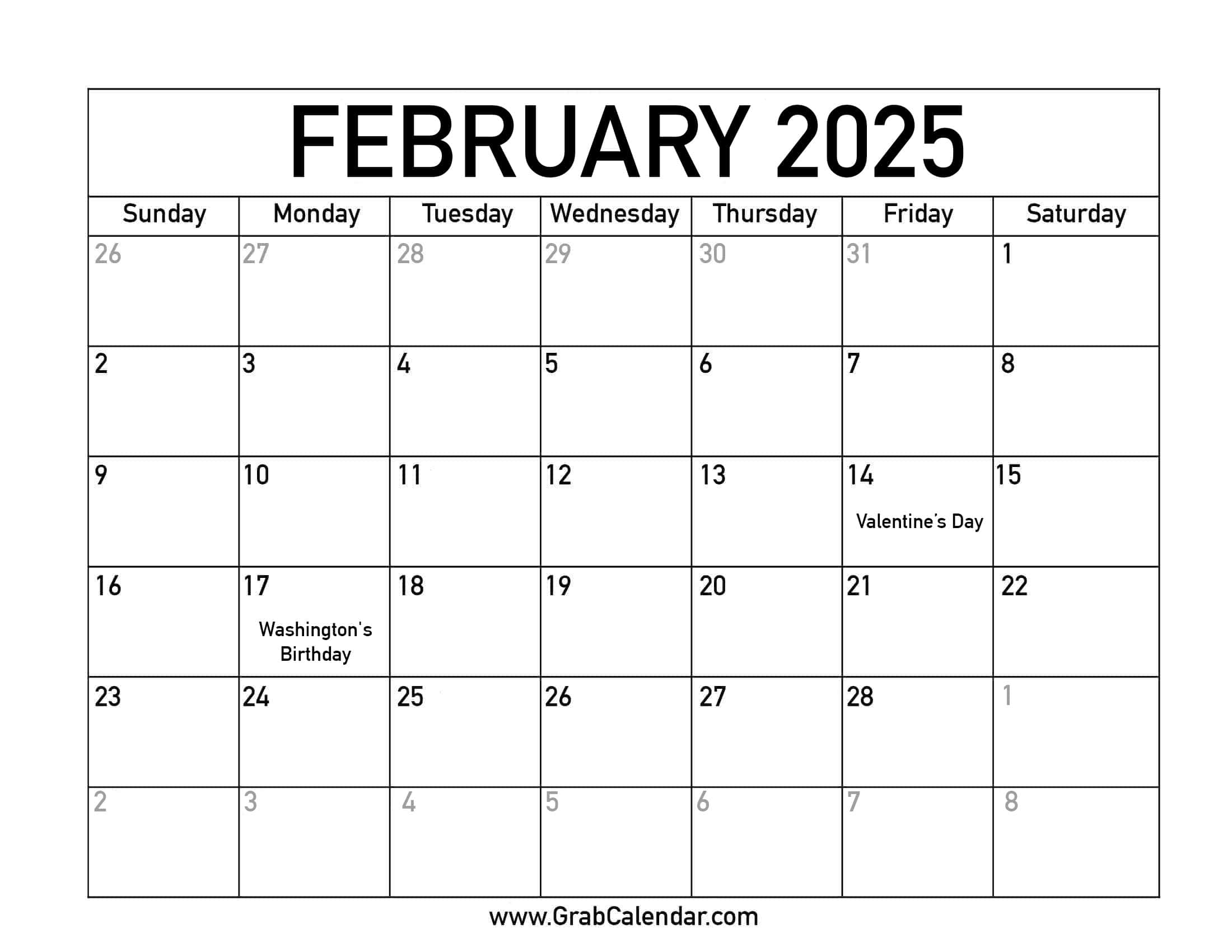 February 2025 calendar with highlighted holidays and events