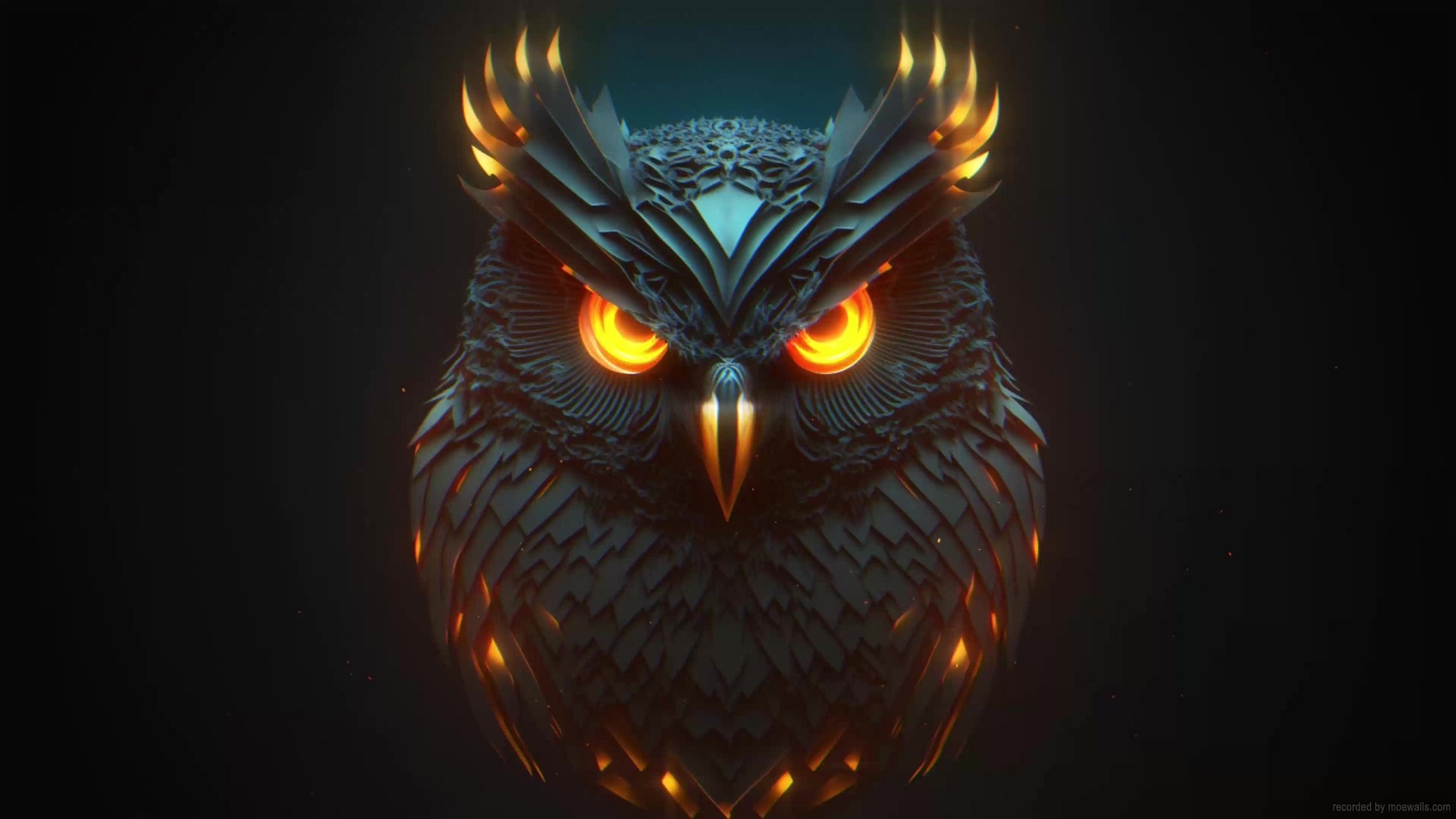 A 3D rendered illustration of an owl with glowing eyes, intricate details, and fiery accents, suitable for use as a live wallpaper