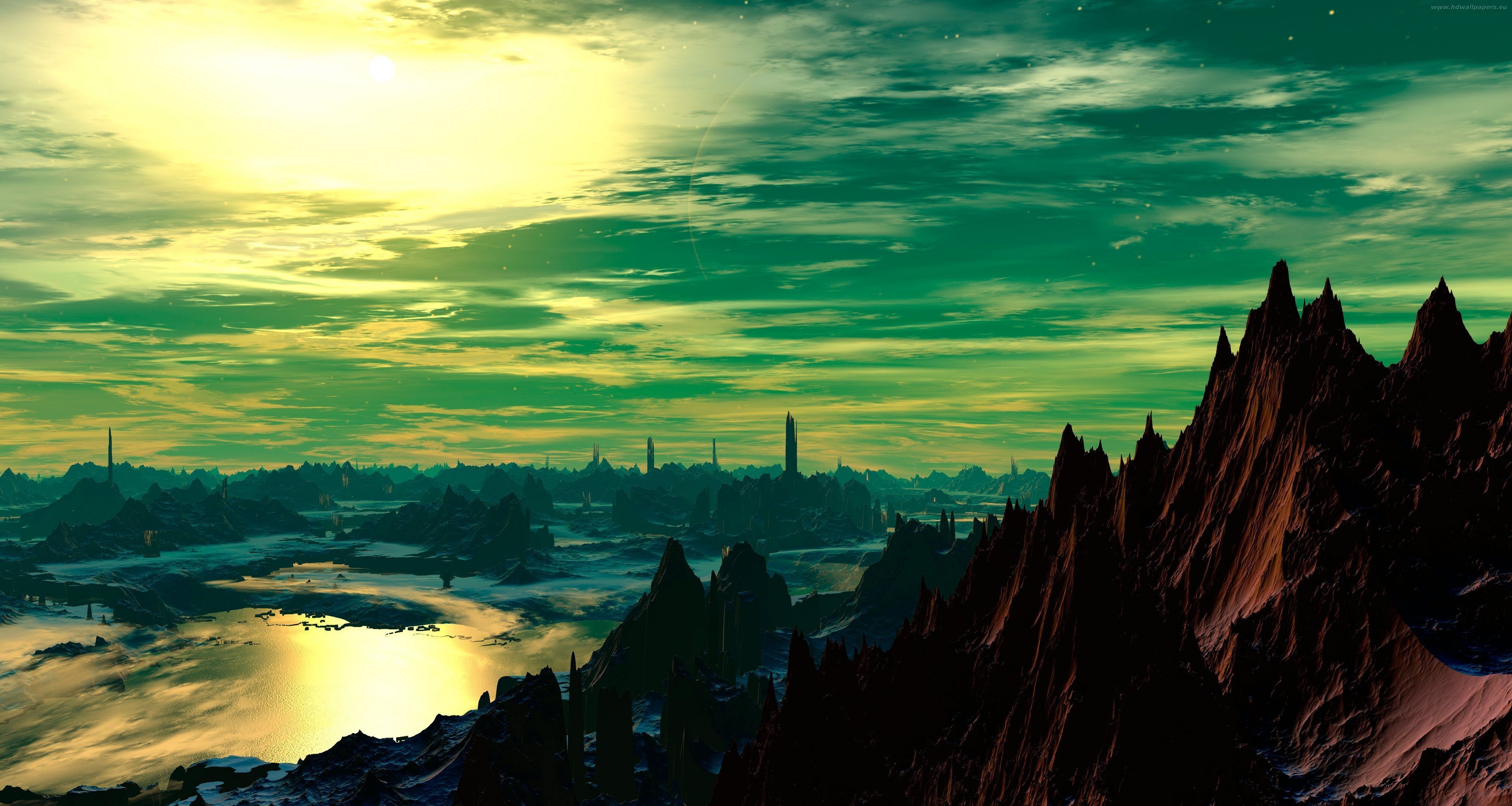 A breathtaking HD wallpaper showcasing a surreal landscape with towering rock formations, a futuristic cityscape in the distance, and a large, glowing sun dominating the green and yellow sky