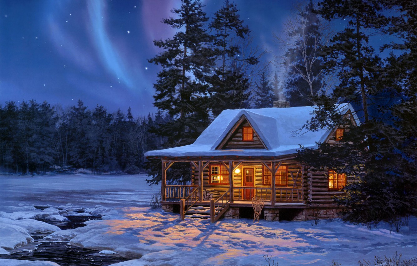 Wallpaper Winter Forest Water Stars Light Snow Night House
