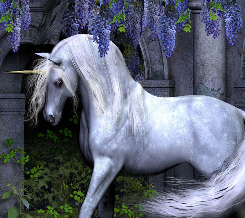 Wallpaper Unicorn Horse Flowers Purple White