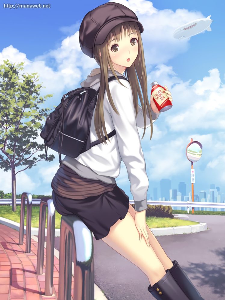 Long Hair Brute Anime Girls Skirt Hat Clouds HD