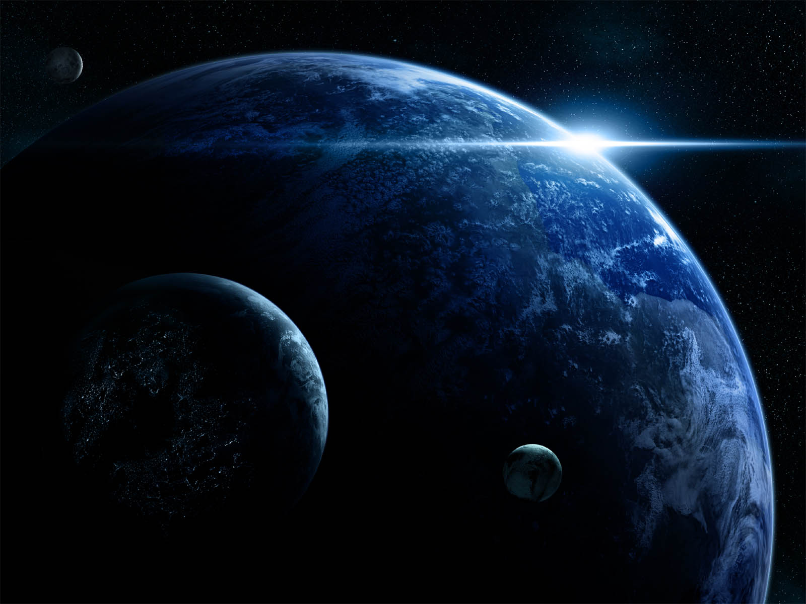 A vibrant blue planet, resembling Earth, dominates the frame against the backdrop of a starry expanse. Sunlight graces its horizon, and several smaller celestial bodies share its cosmic neighborhood