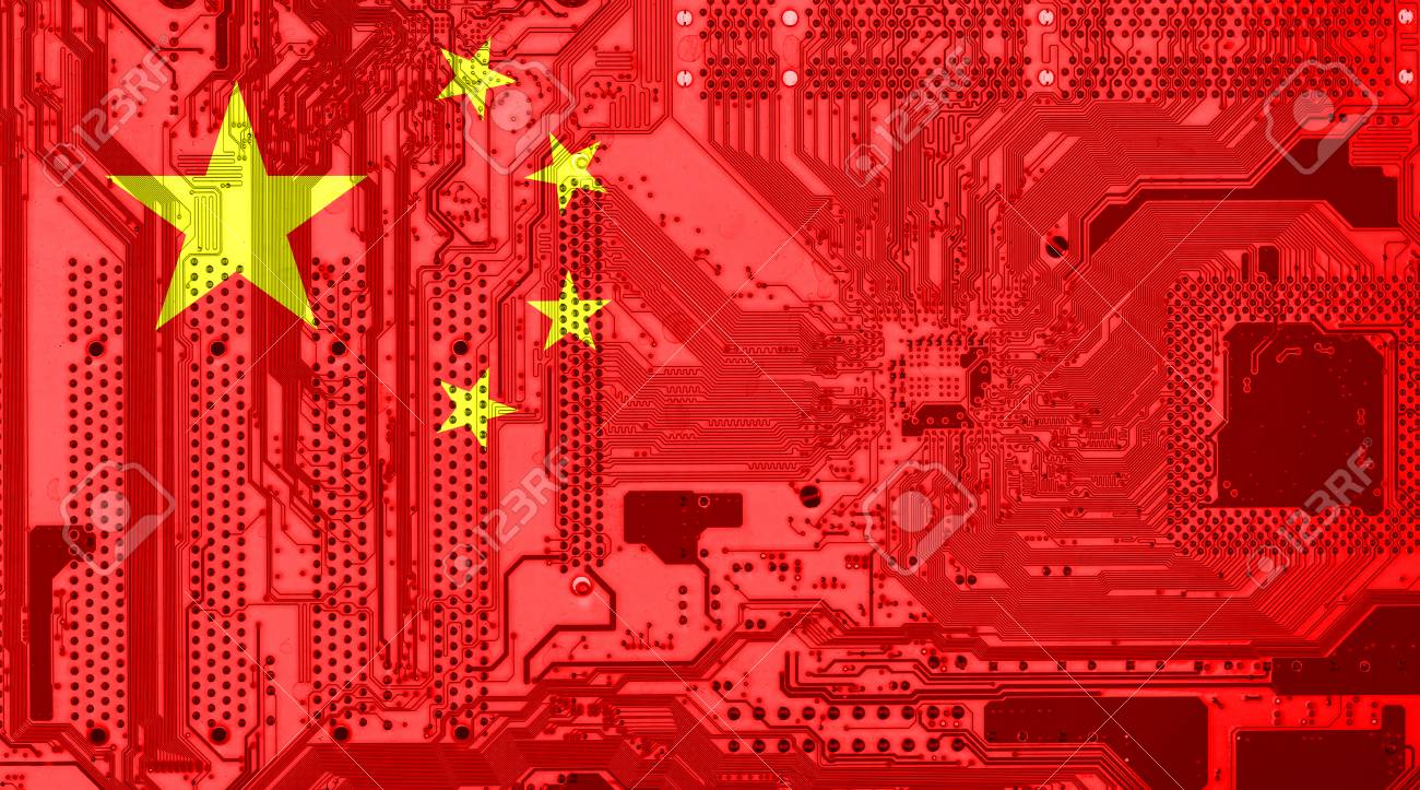China Flag On The Circuit Board As Technology Background Stock