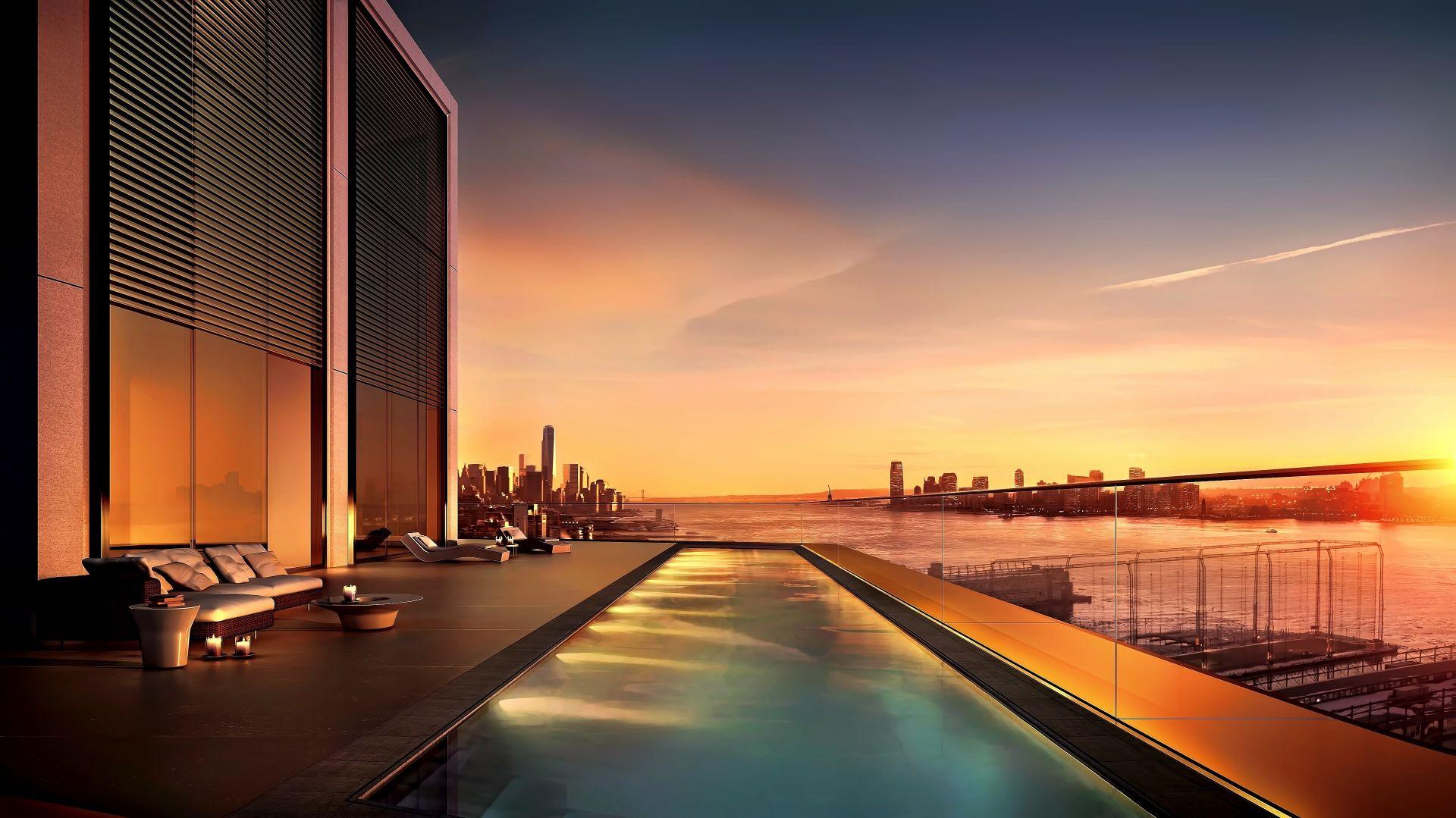 Desktop Wallpaper Sunset New York City Swimming Pool 4k HD