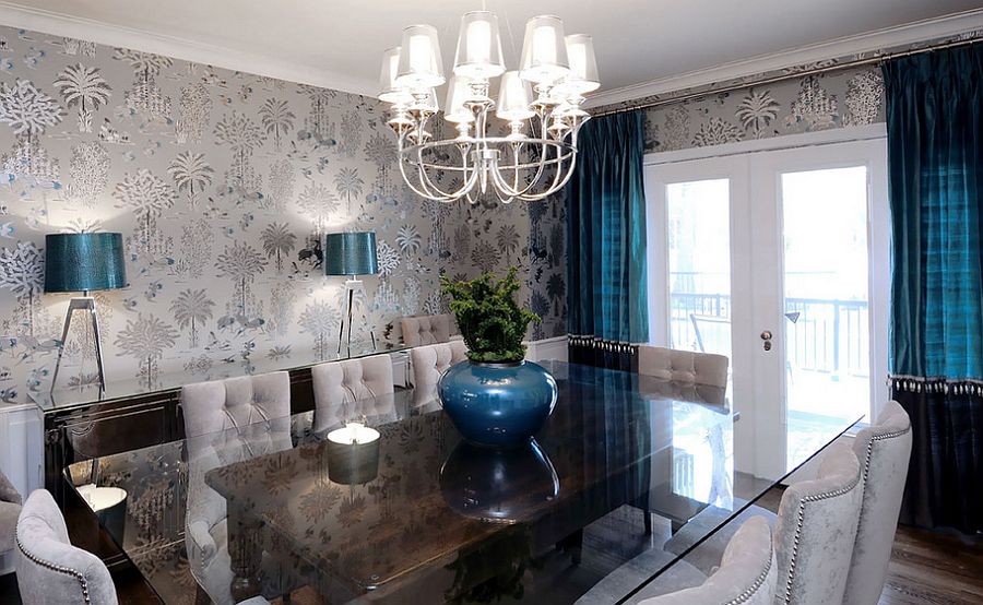 Refined Dining Room With Gray Blacks And Royal Blue Accents Design