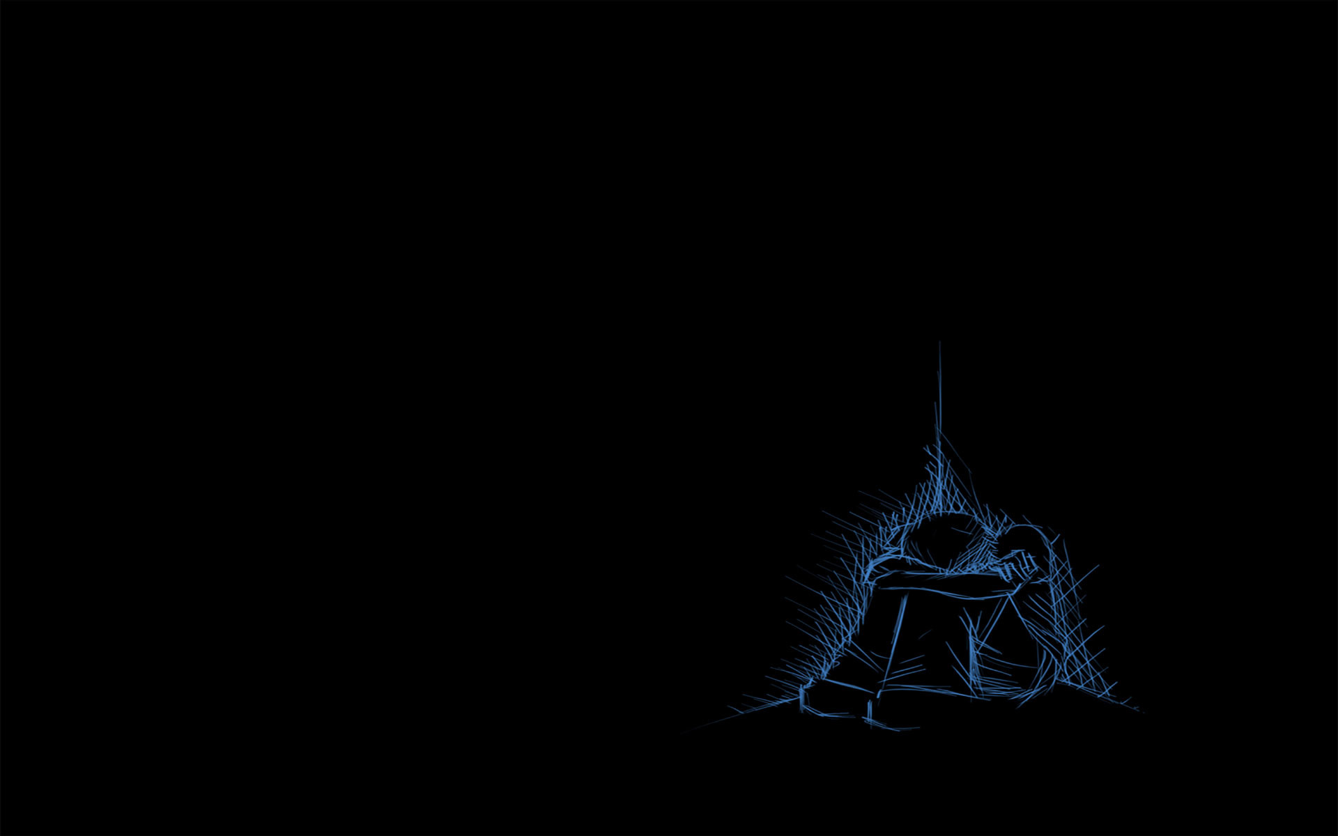 A lonely figure sketched in blue sits huddled in a dark corner, embodying feelings of sadness and isolation