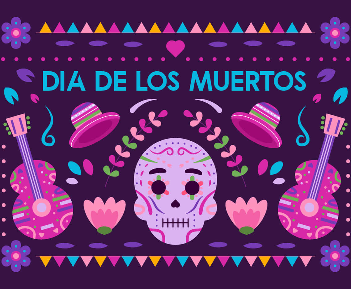 Dia De Los Muertos With Colorful Skulls And Guitars Wallpaper