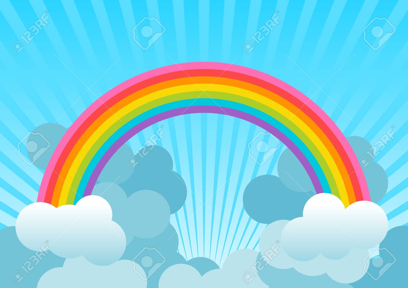 Background With Rainbow Over Blue Sky And Clouds