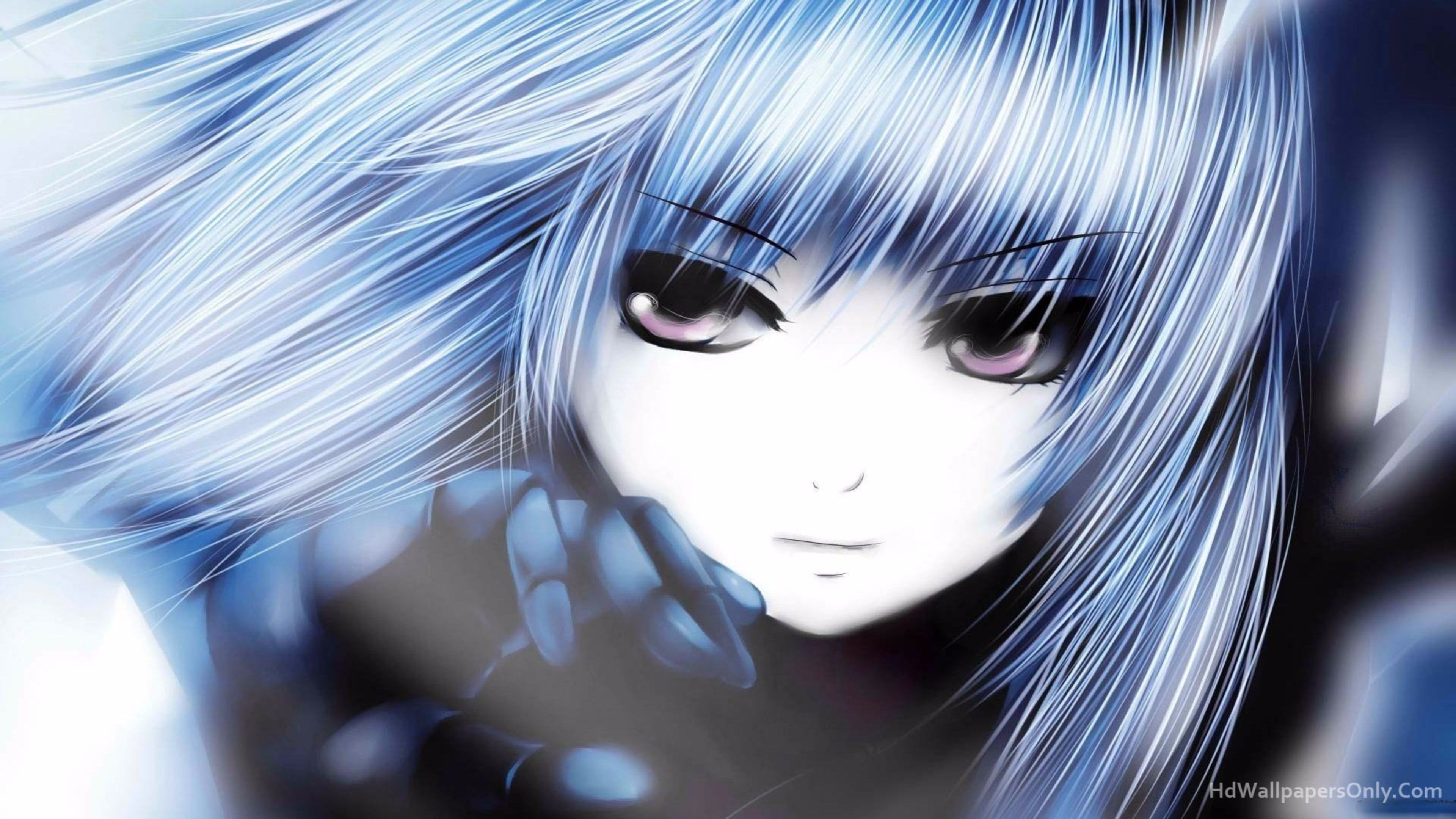 Close-up of an anime girl with flowing blue hair and dark eyes, wearing dark gloves, against a light background