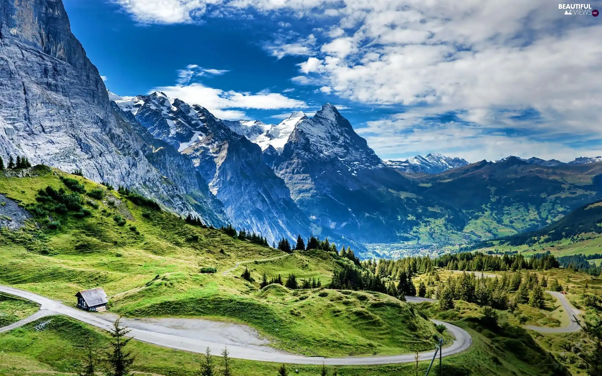 Roads Mountains House Switzerland Glade Woods Wallpaper