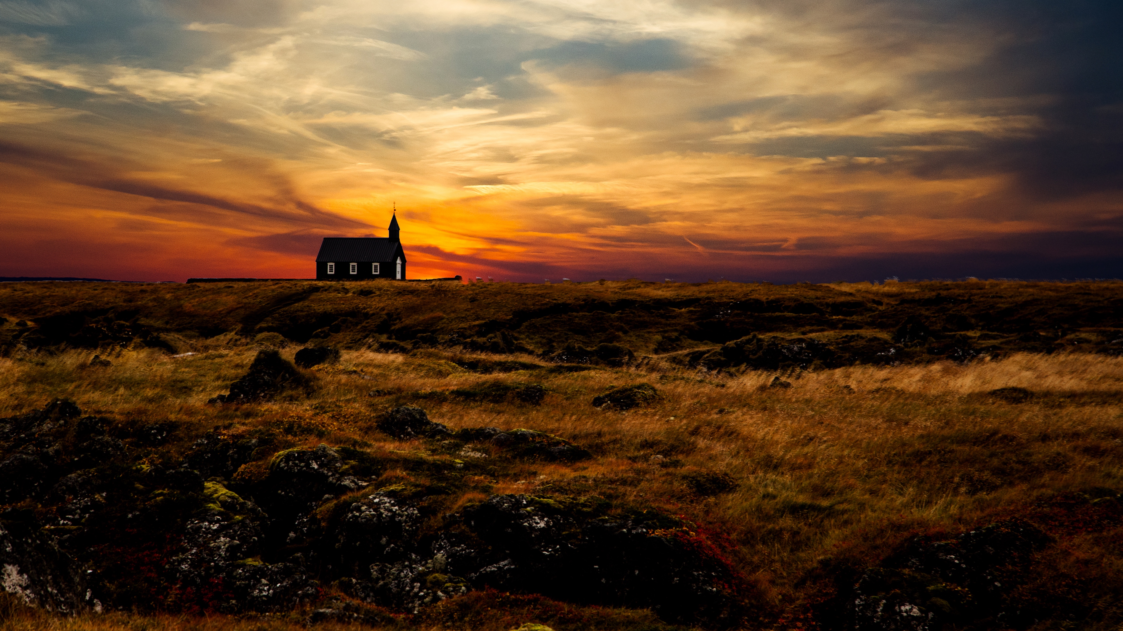 Wallpaper 4k Church Temple Horizon Sunset Grass Sky Iceland
