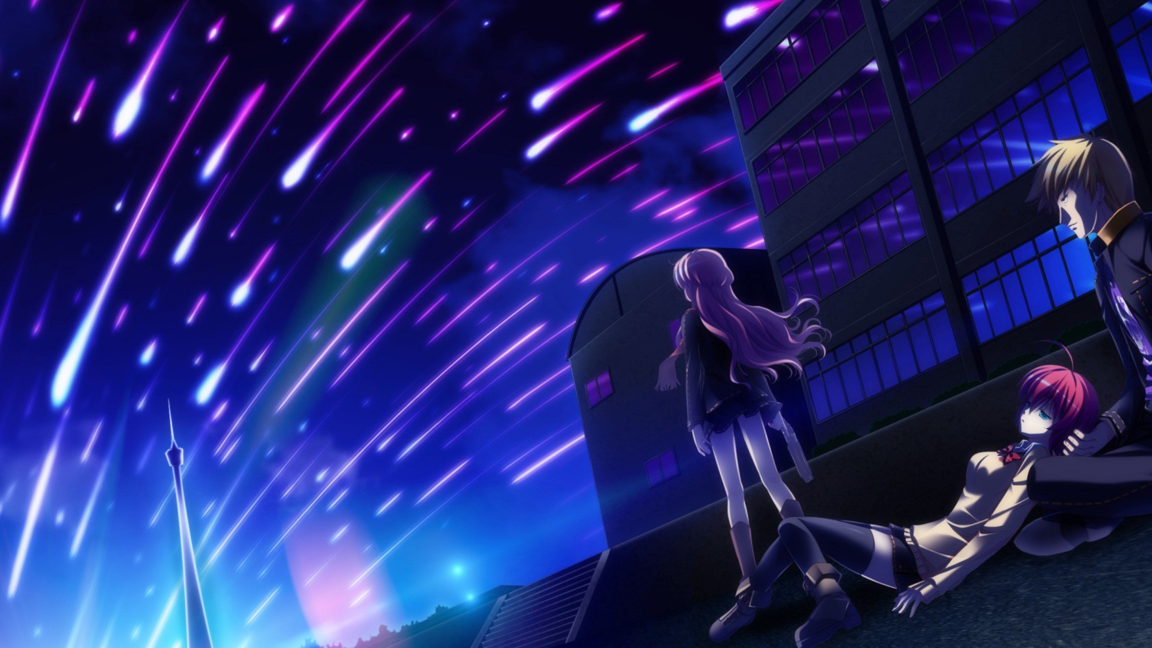 4K anime wallpaper featuring three characters watching a meteor shower over a cityscape