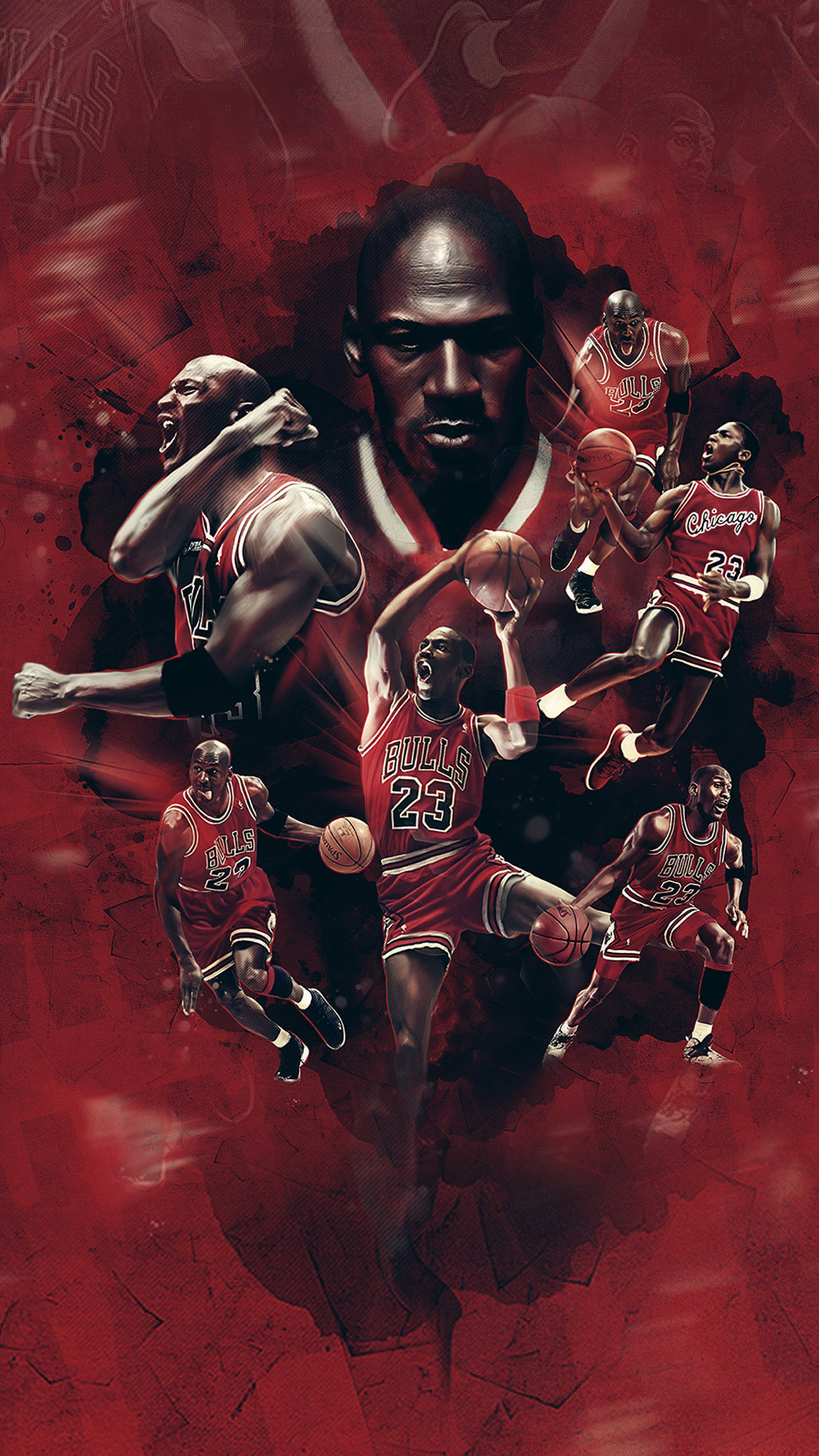 A dynamic collage of Michael Jordan in action, showcasing his iconic number 23 Chicago Bulls jersey, capturing his intensity and athleticism on the court