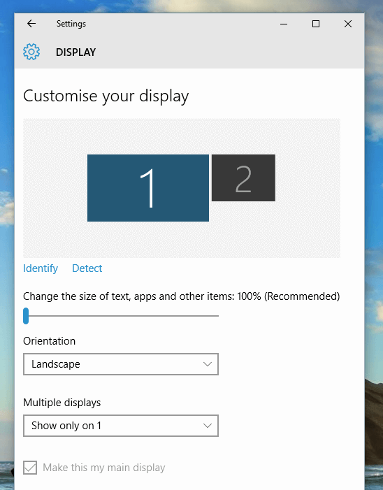 Display Settings with Dual Monitors on a Windows 10 Computer