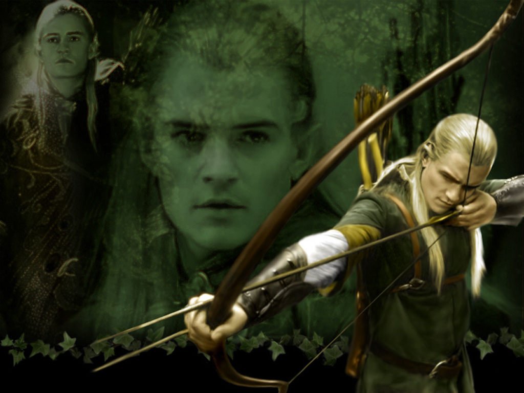 Legolas Greenleaf, an elf archer from the Lord of the Rings trilogy, aiming his bow in a forest setting