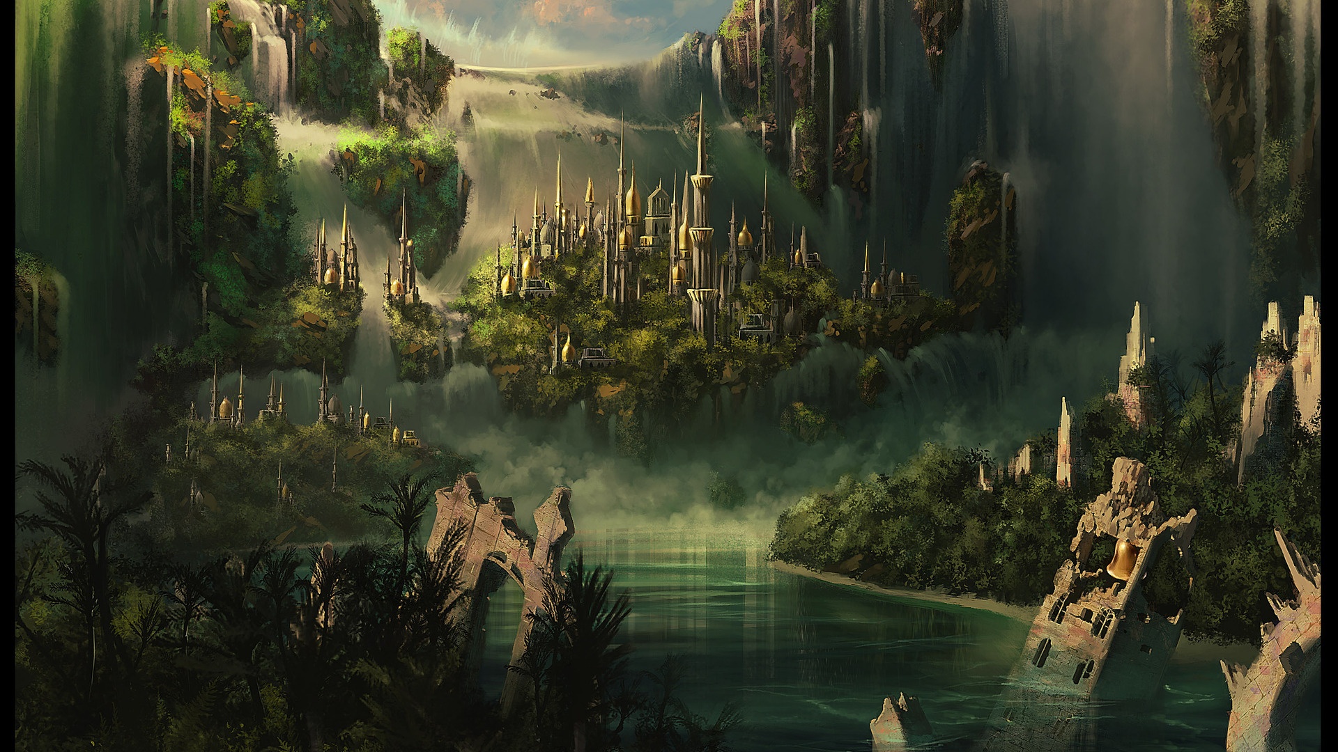 Fantasy City 3d Art Green Water Waterfall