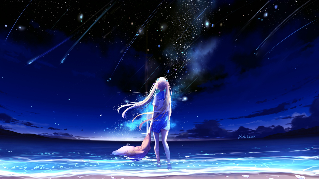 Wallpaper Anime Girl Outdoor Night Starfall