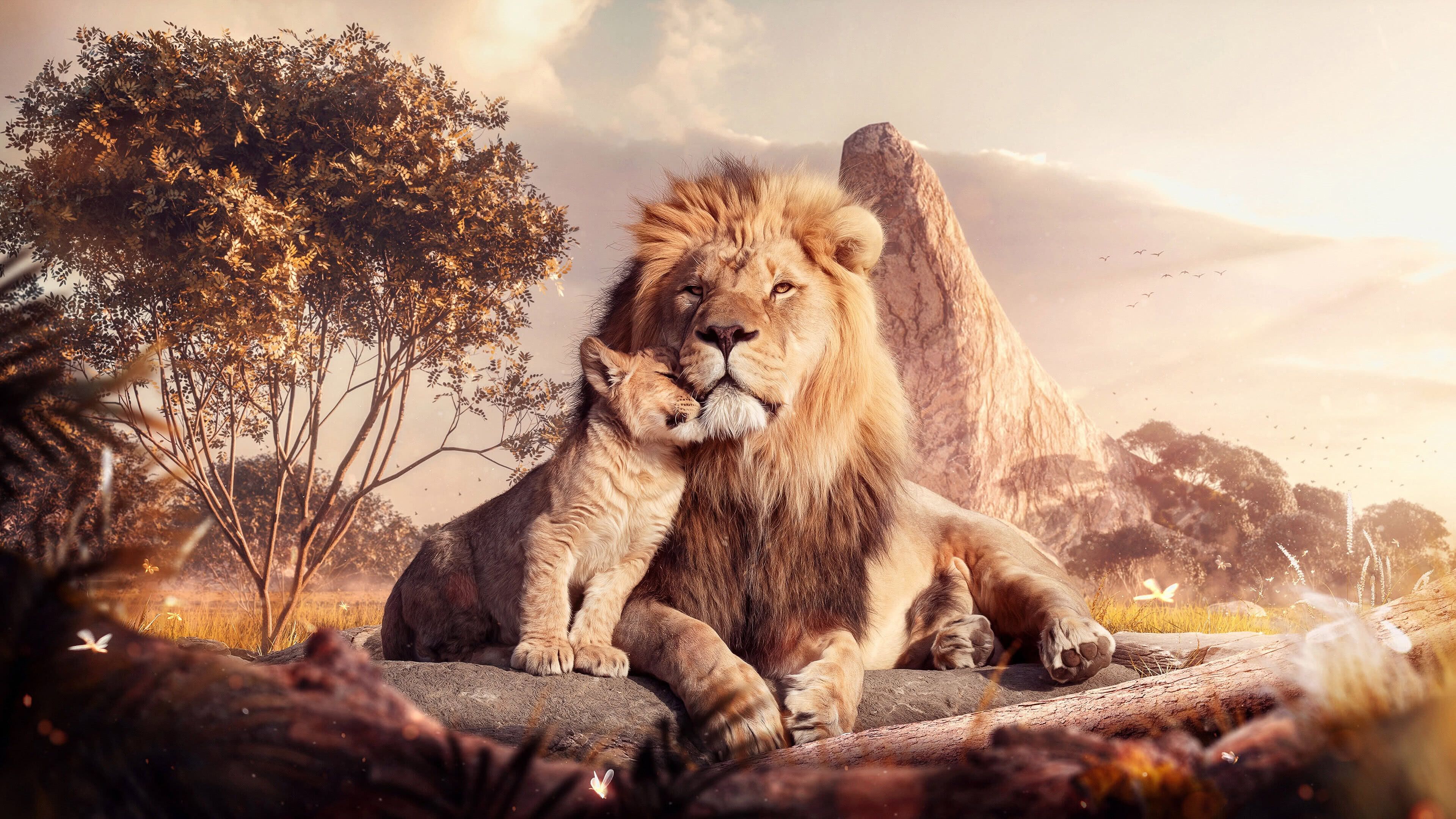 A majestic male lion rests peacefully with his adorable cub in a sun-kissed African savanna setting. The heartwarming scene captures the strong bond between them, with the cub affectionately nuzzling against its father. The backdrop of trees, a distant mountain, and a soft, warm sky completes this captivating wildlife portrait