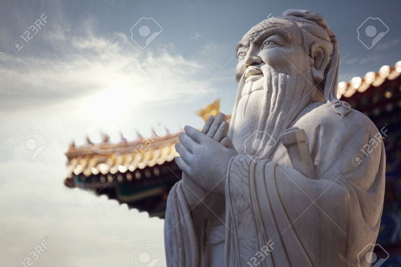 Close Up Of Stone Statue Confucius Pagoda Roof In The