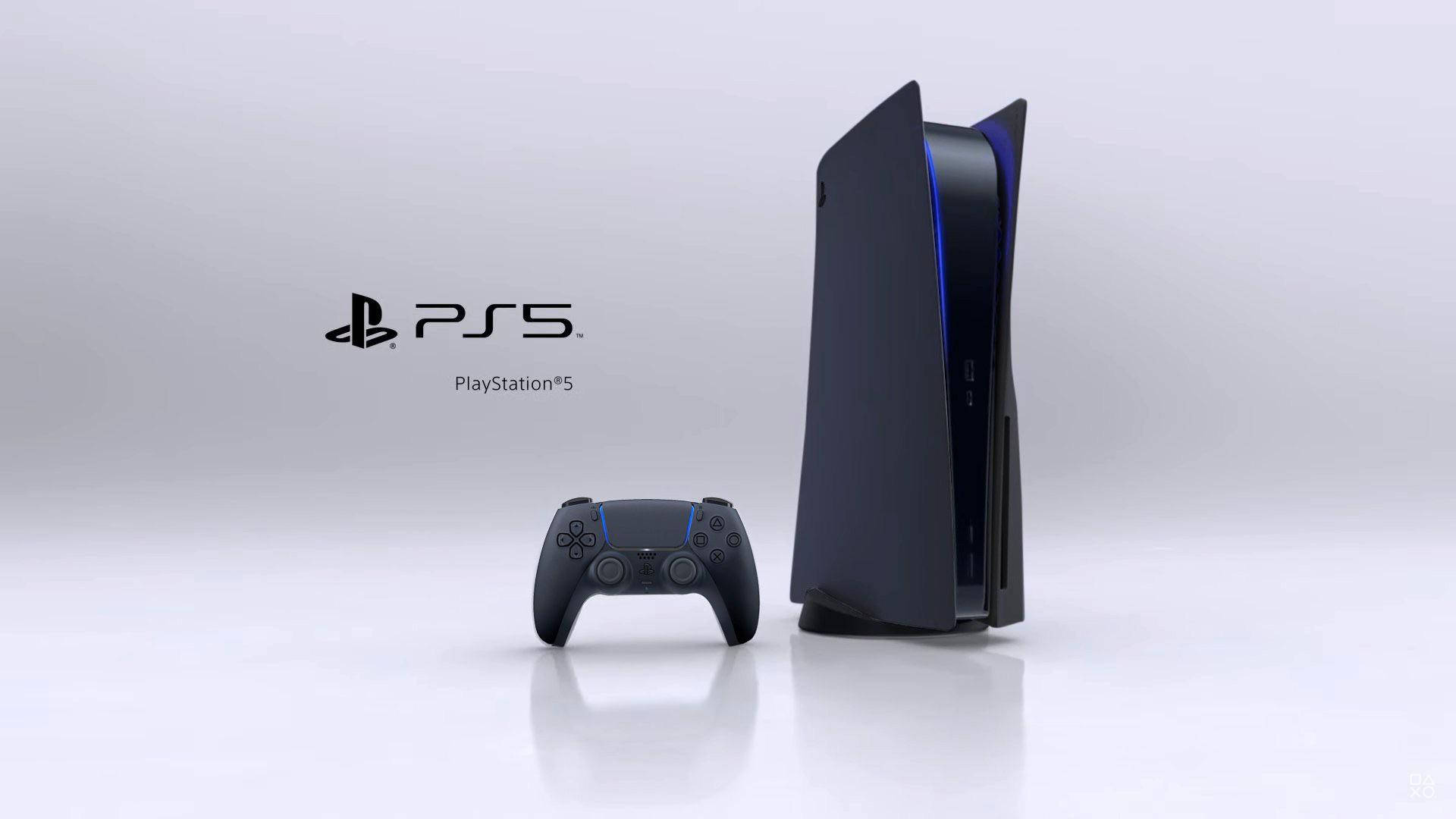 Black PlayStation 5 console and DualSense controller on a white background