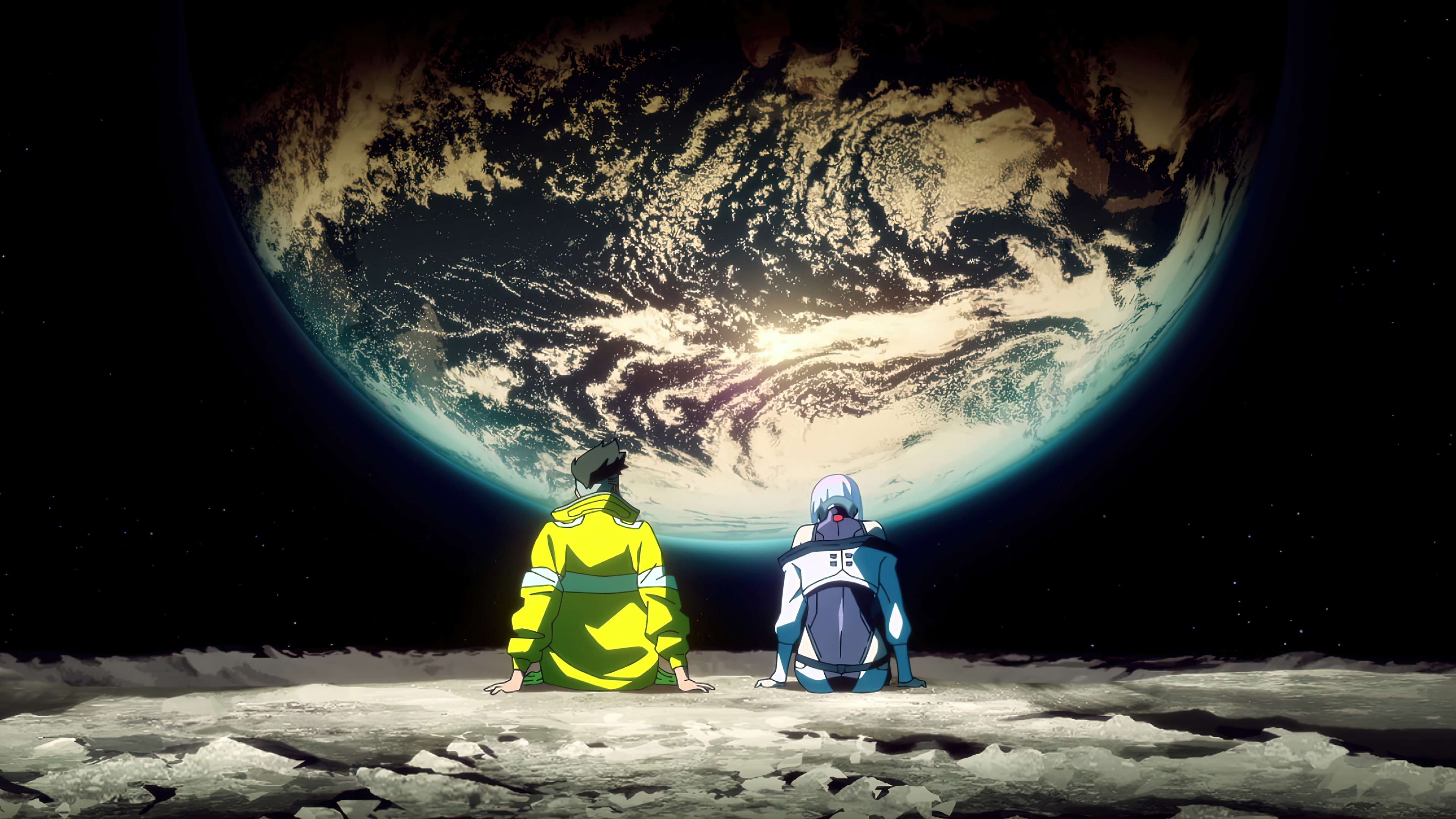 Two astronauts gaze at Earth from the moon's surface in a stunning 4k space wallpaper