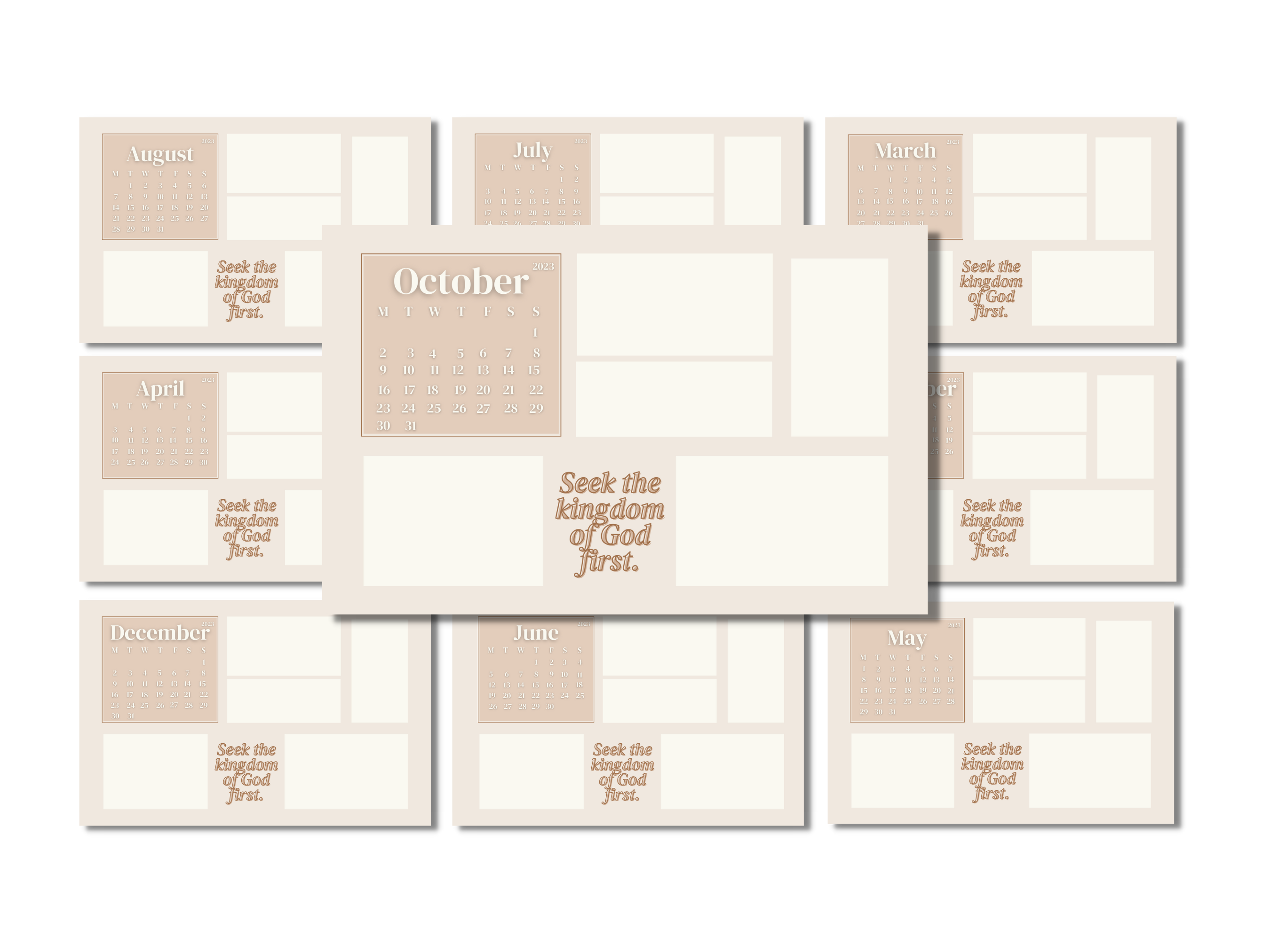 Aesthetic 2024 beige calendar wallpaper with 'Seek the kingdom of God first' quote