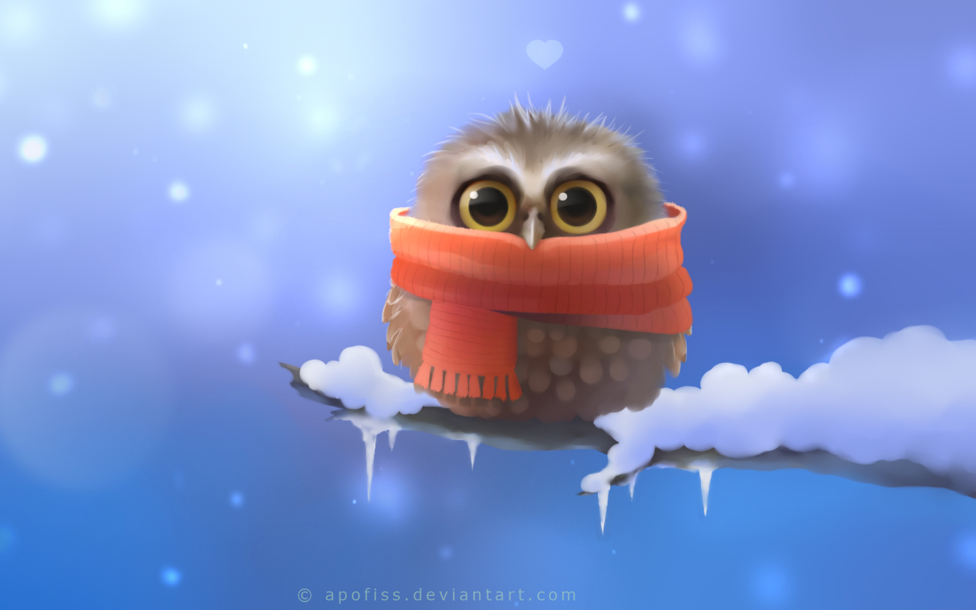 Owl Bird Scarf Branch Snow Heart Wallpaper Background Ultra HD