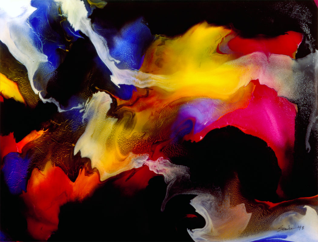 A vibrant abstract painting with swirling colors of red, yellow, blue, and white against a black background