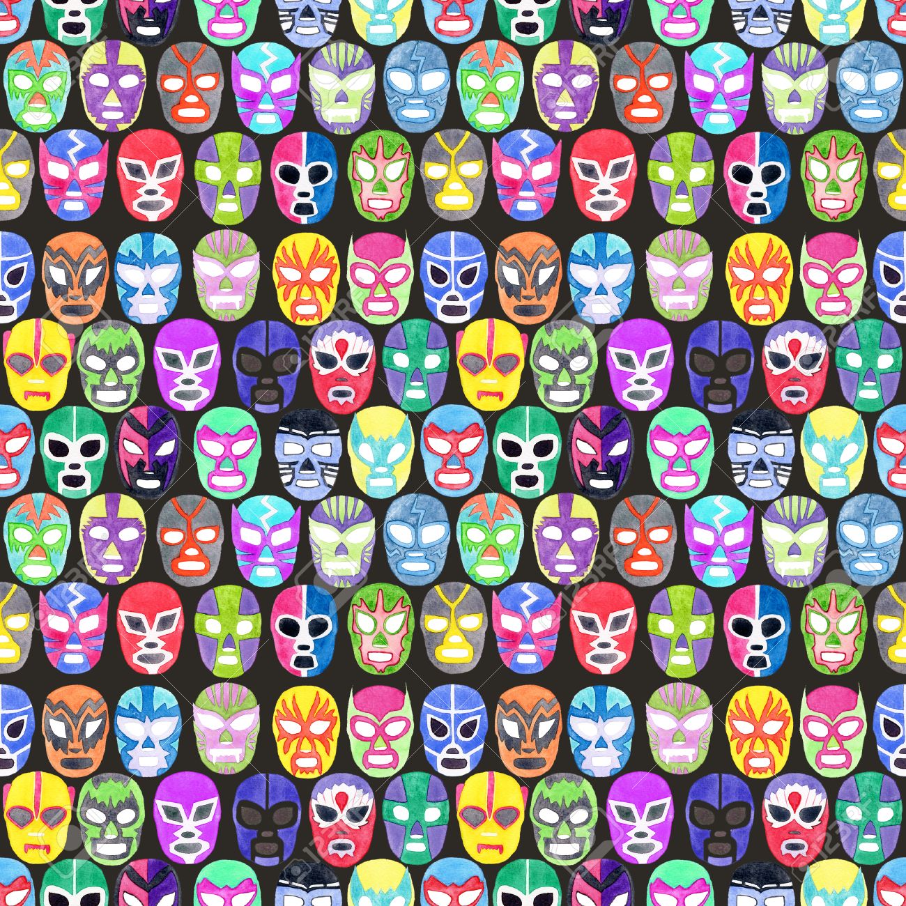 Luchador Or Fighter Mask Set Seamless Pattern With Hand Drawn