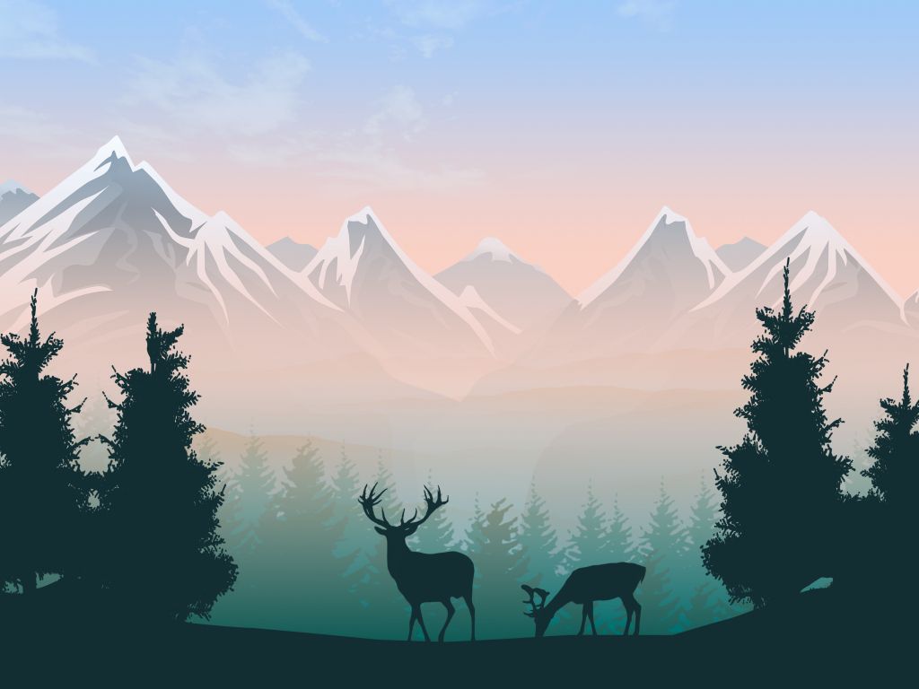 A serene 4K wallpaper showcasing a majestic mountain range at dawn, with silhouetted deer grazing in the foreground and a misty forest adding depth to the scene