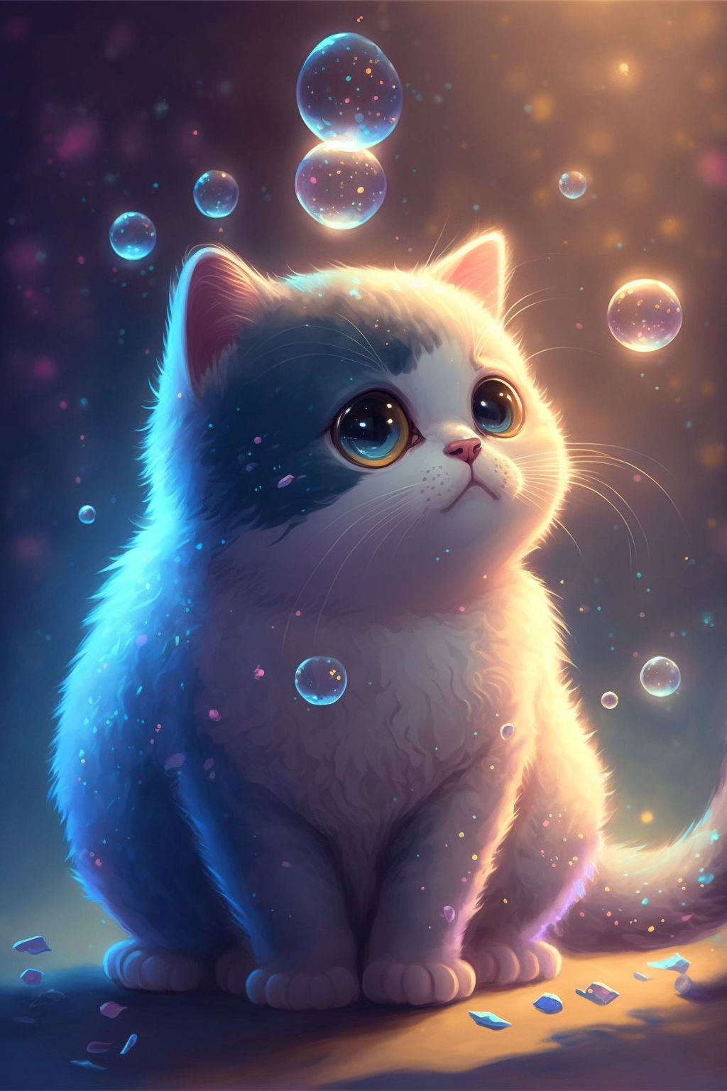 A cute fluffy kitten sits and looks up at floating bubbles. This adorable cat wallpaper is perfect for adding a touch of sweetness to any device