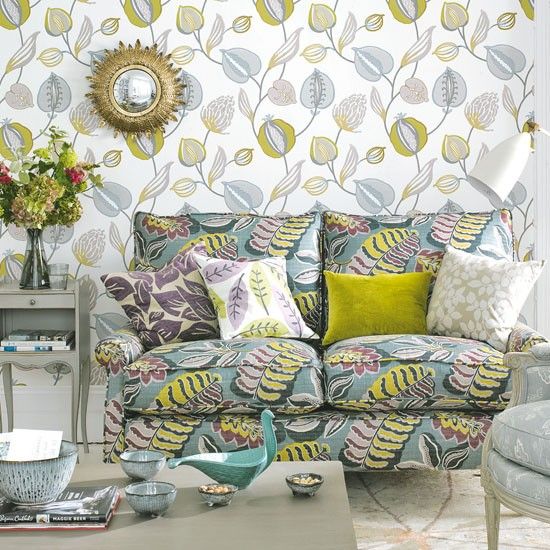 Living Room With Leaf Print Wallpaper Spring Board