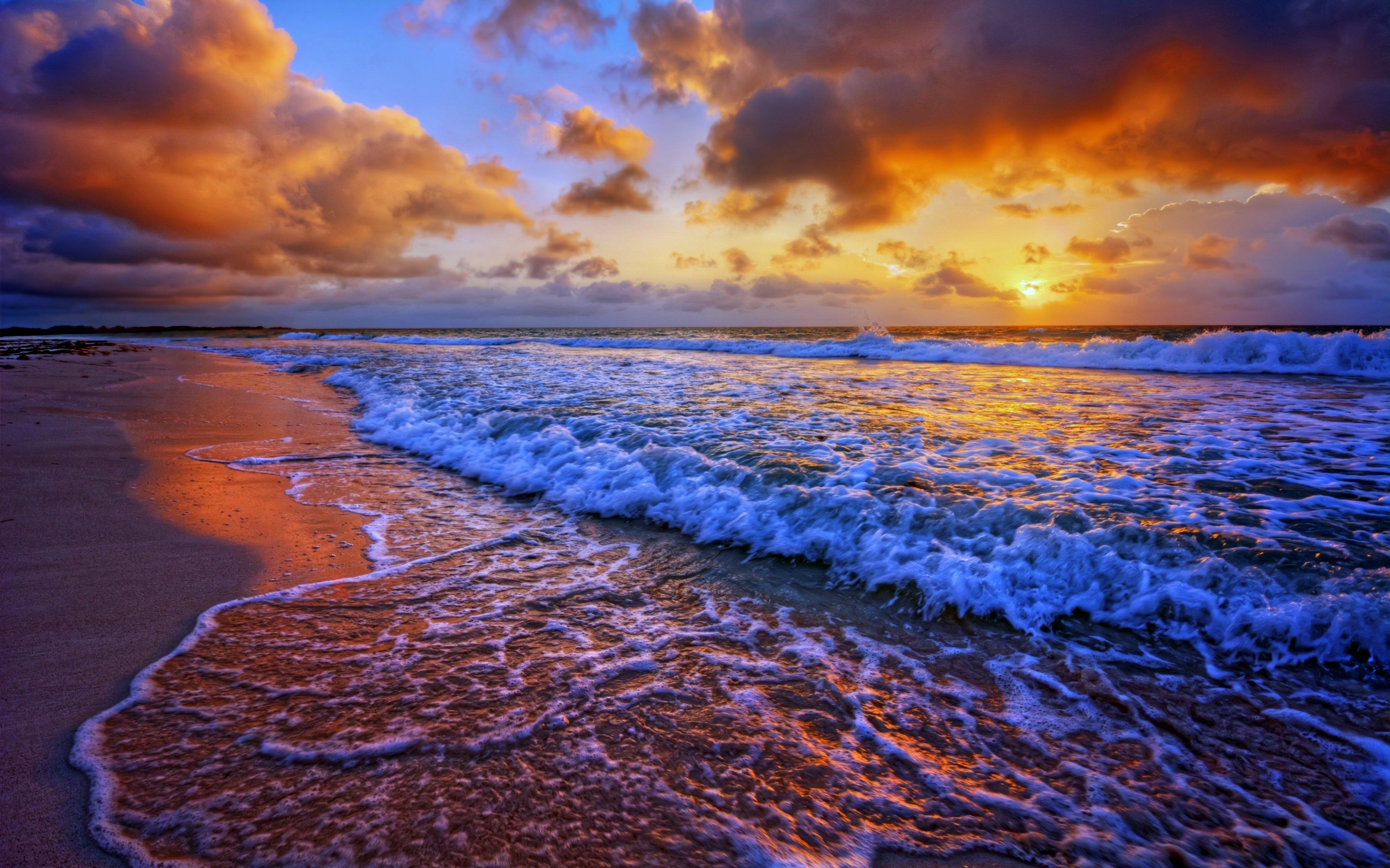 beaches Sea Ocean Waves Sunset Sky Clouds Landscapes
